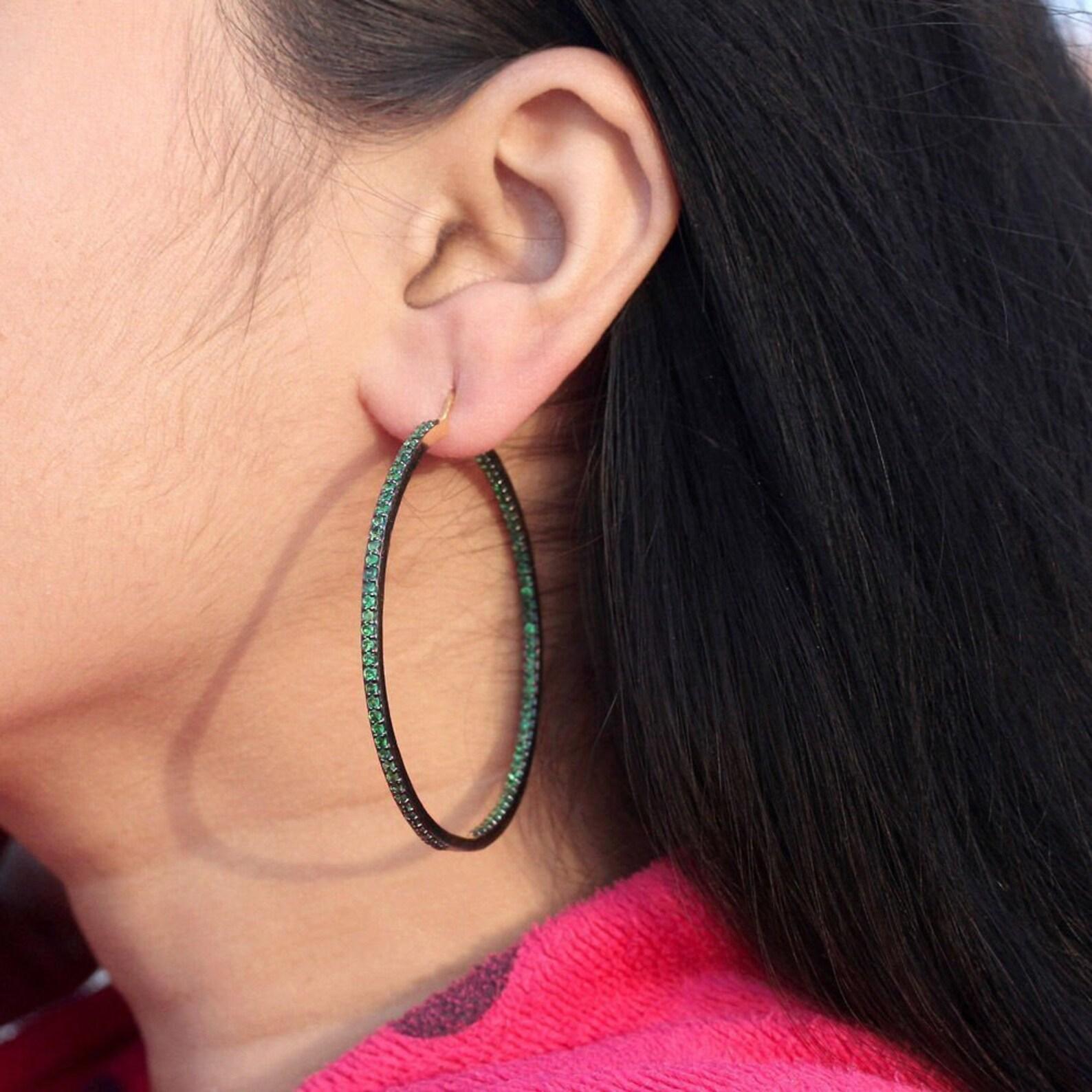 Precious Tsavorite Earrings 925 Sterling Silver Green Hoop Earrings For Sister. For Sale 3
