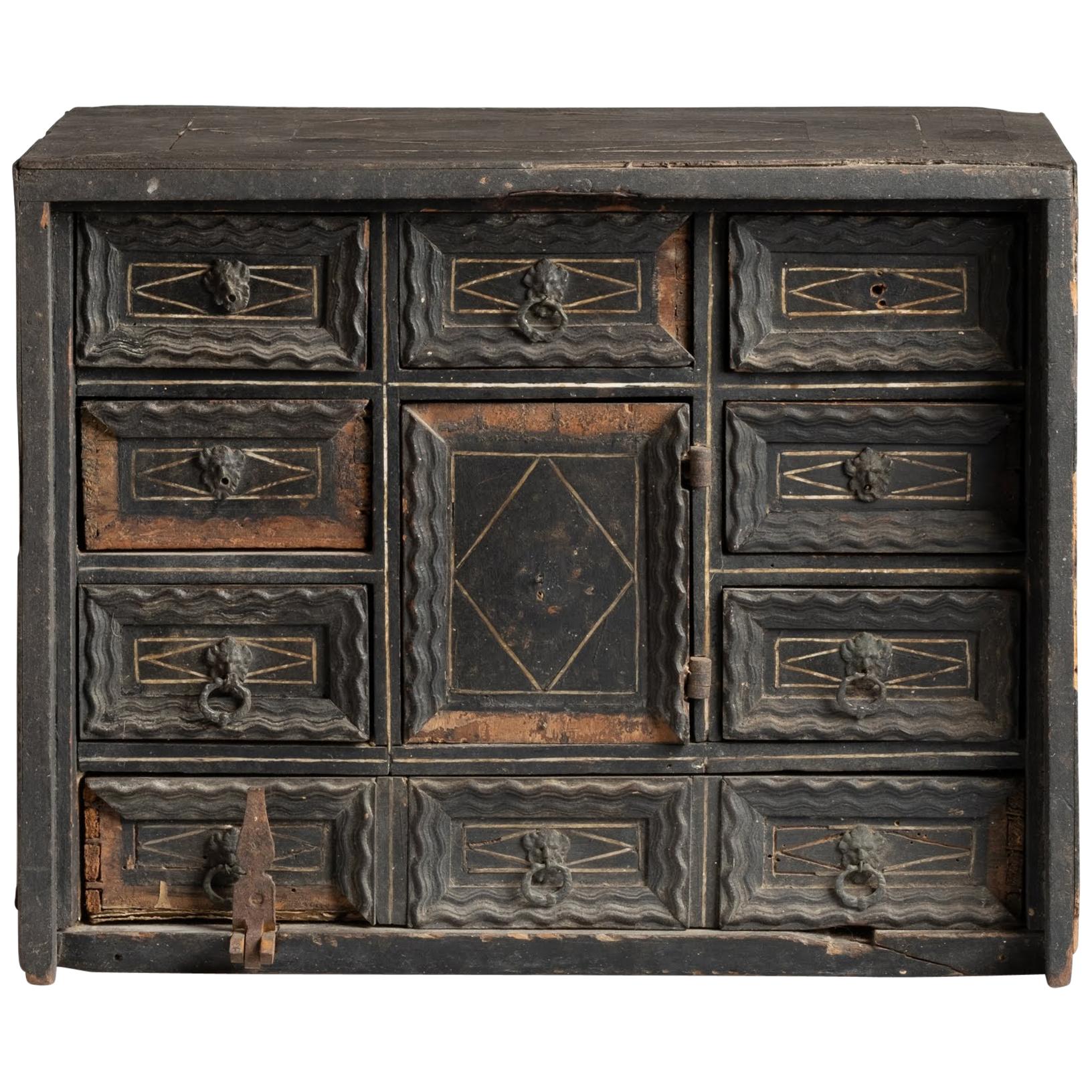 Precious Untouched Ebonized Walnut and Bone Coin Cabinet Very Rare, Italy For Sale
