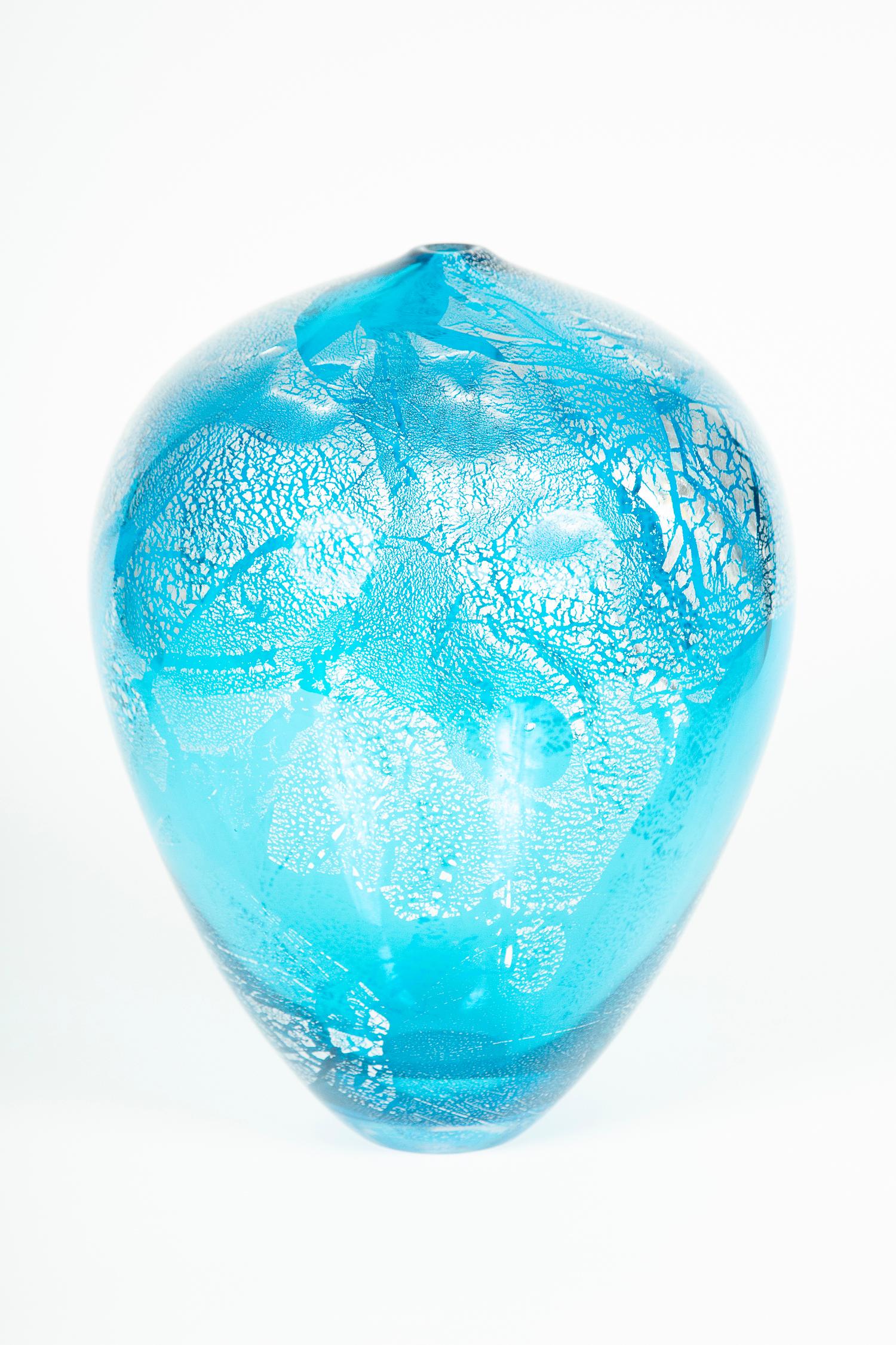 Hand-Crafted Precious Vase in Aqua, a unique vase with silver leaf by Cathryn Shilling