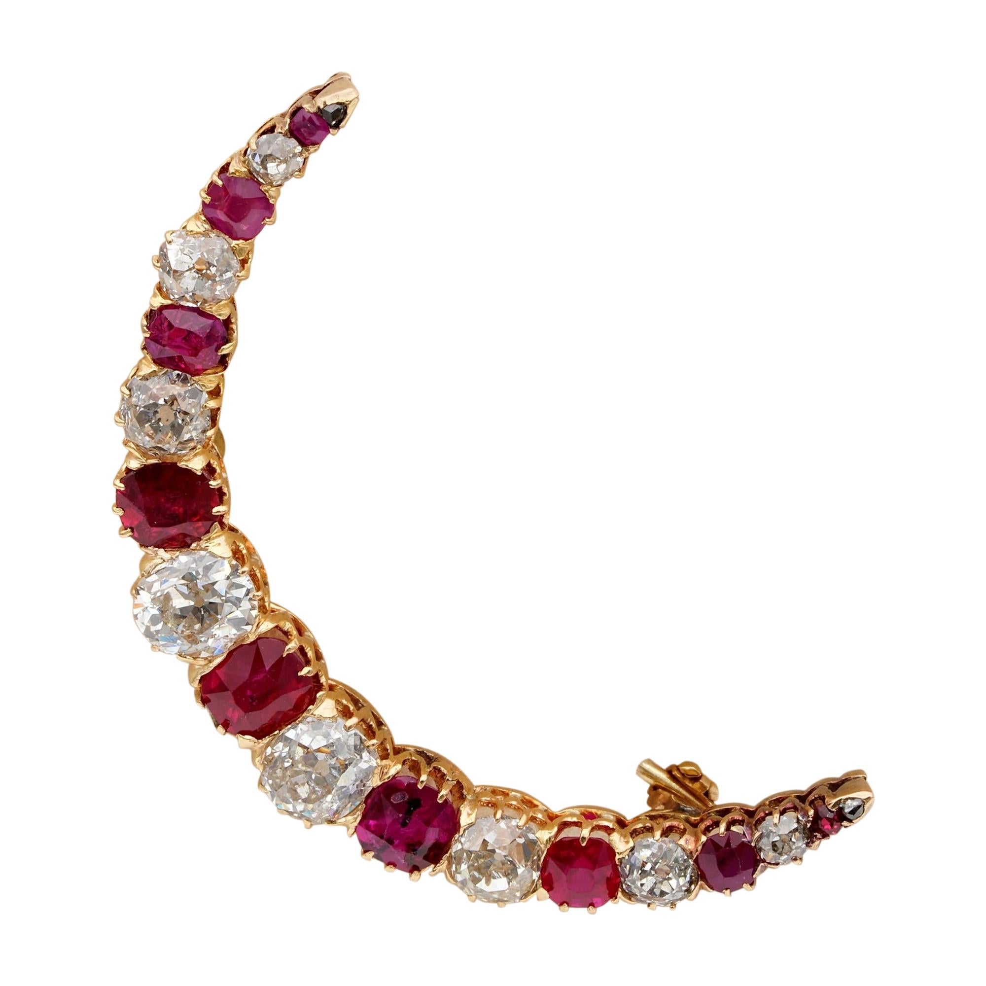 Precious Victorian 4.40 Carat Old Mine Diamond 3.0 Carat Ruby Crescent Brooch For Sale