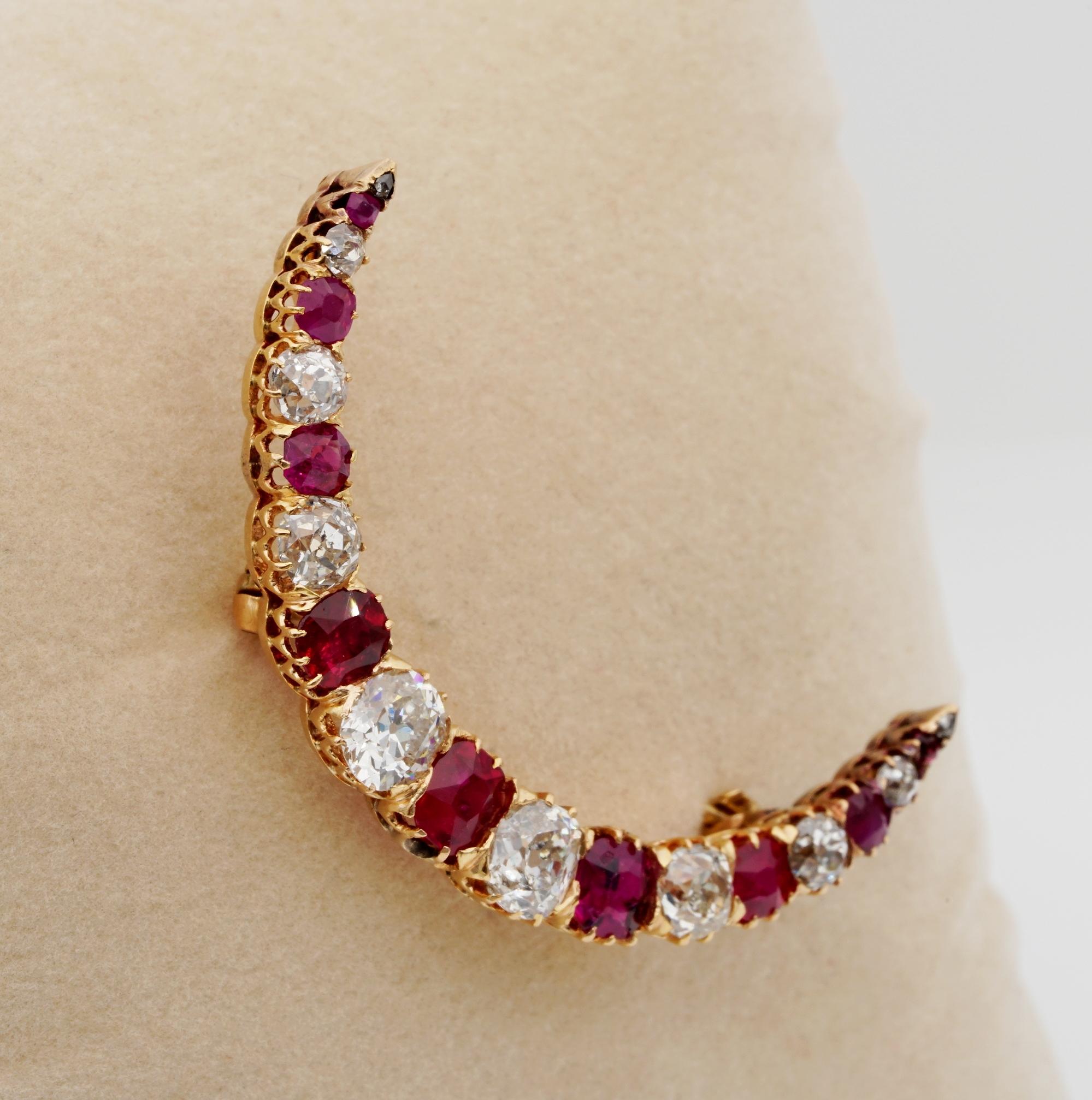 Moon Delight

A very popular feminine symbol in the Victorian era was the mystical crescent moon motif, traditionally embellished with Diamonds whist this rare example is set with a selection of Natural Rubies as well old mine cut
Celestial