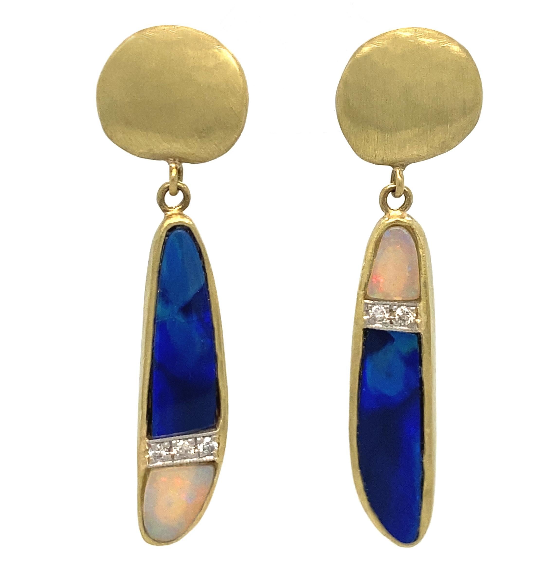 Precious White Opal & Boulder Opal "Heartbreak" Earrings in 18K Gold w Diamonds For Sale
