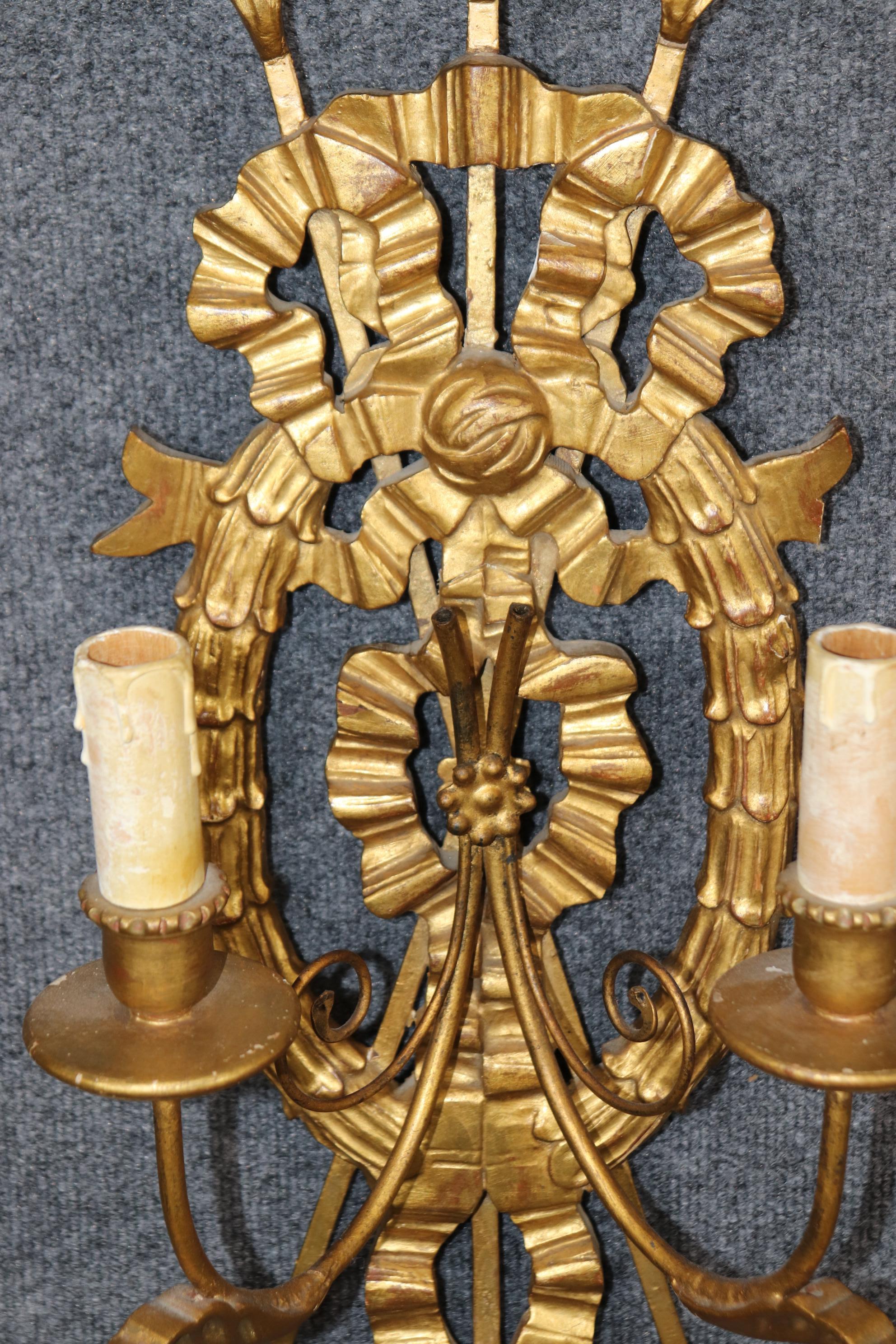 Precisely Carved Pair Walnut French Directoire Maison Jansen Style Sconces   In Good Condition For Sale In Swedesboro, NJ