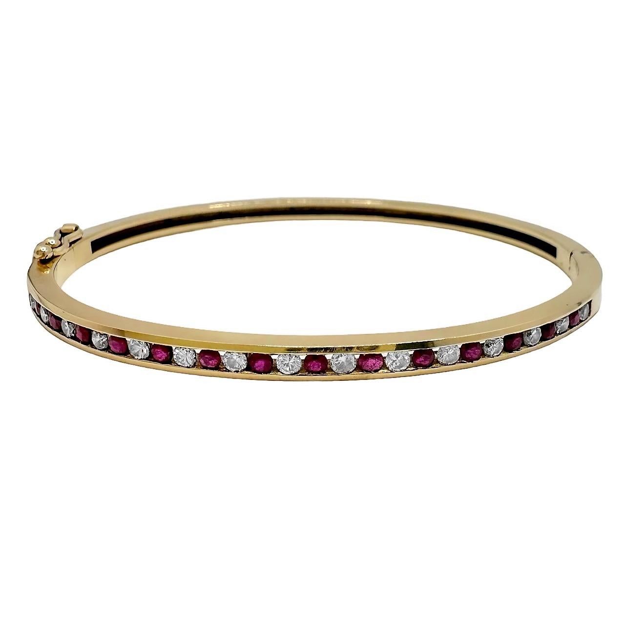 Modern Precision Crafted Channel Set Yellow Gold Ruby and Diamond Bangle Bracelet