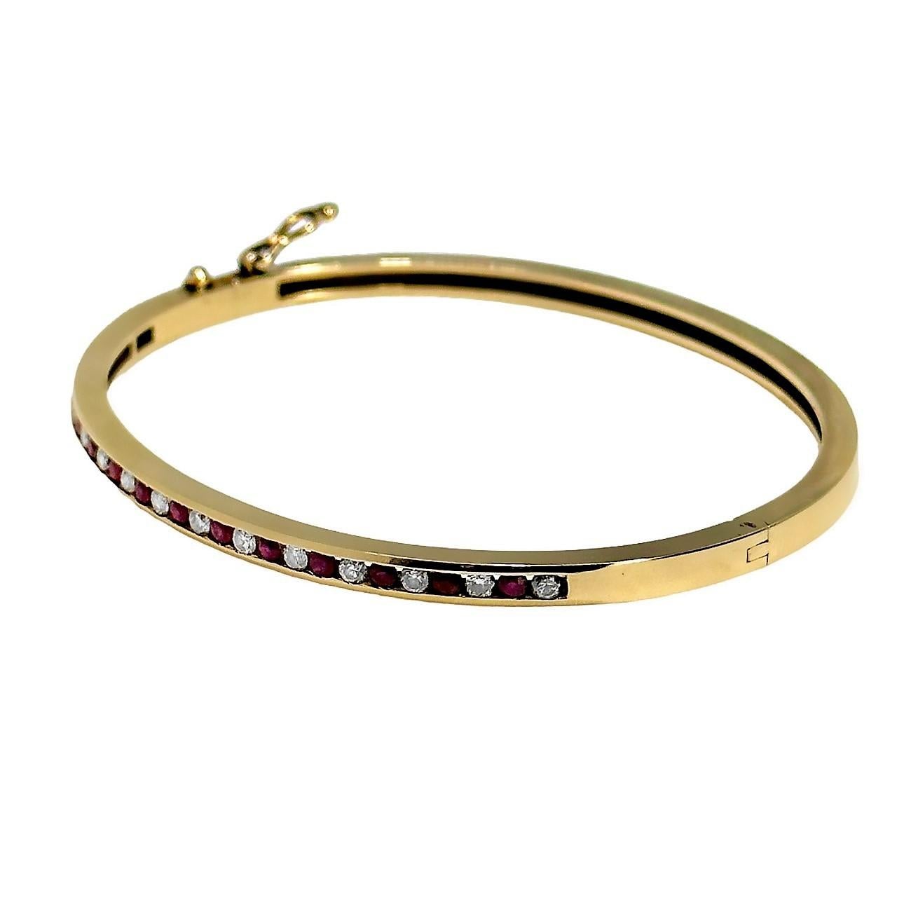 Brilliant Cut Precision Crafted Channel Set Yellow Gold Ruby and Diamond Bangle Bracelet