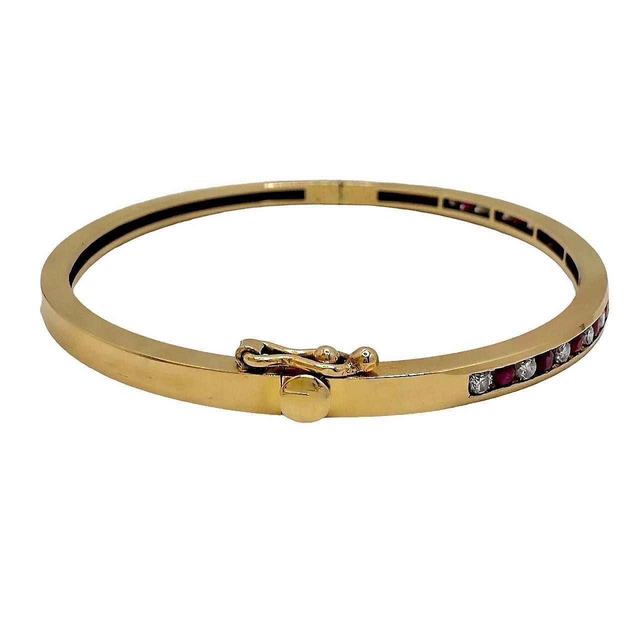 Precision Crafted Channel Set Yellow Gold Ruby and Diamond Bangle Bracelet In Good Condition In Palm Beach, FL