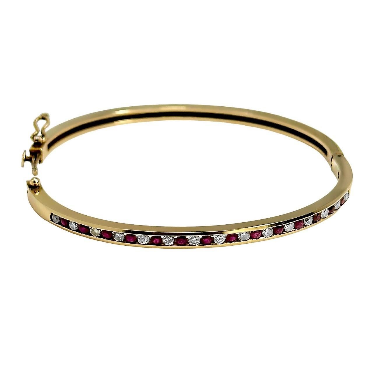 Precision Crafted Channel Set Yellow Gold Ruby and Diamond Bangle Bracelet 1