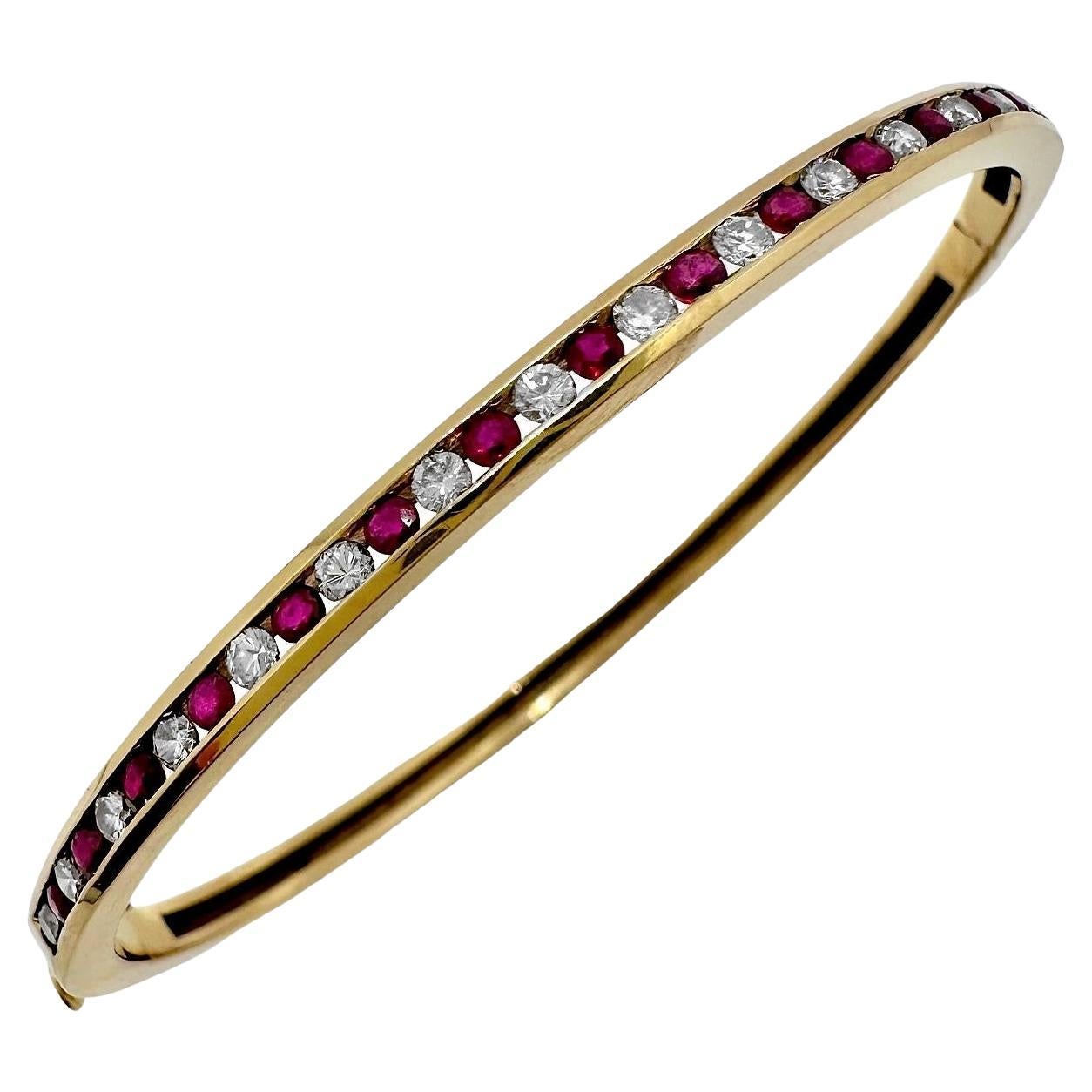 Precision Crafted Channel Set Yellow Gold Ruby and Diamond Bangle Bracelet