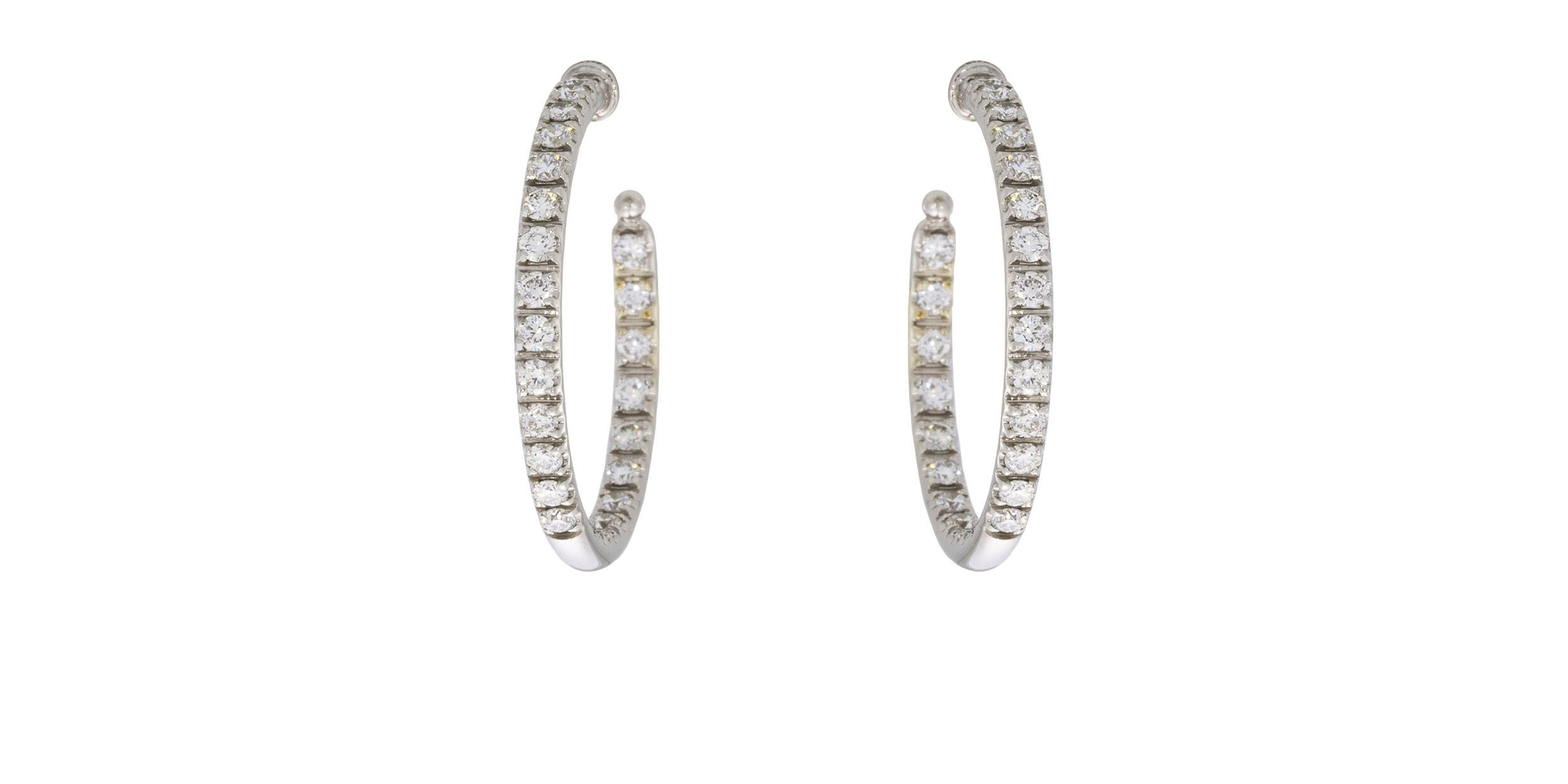 Precision Set White Gold 1.30 Carat Round Diamond Hoop Earrings In Excellent Condition In Columbia, MO
