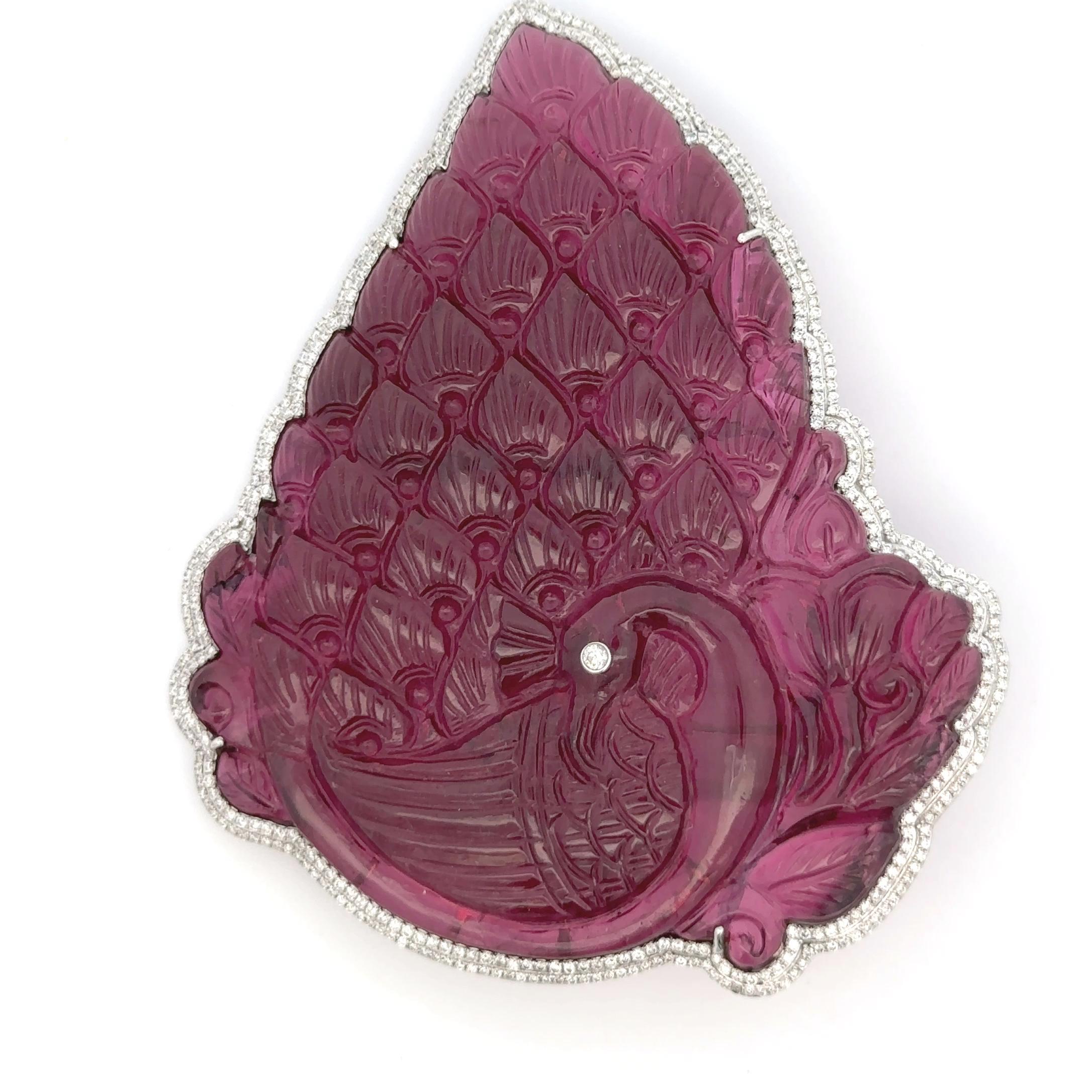 Arts and Crafts Predominant Rubellite and diamond brooch Pendant For Sale