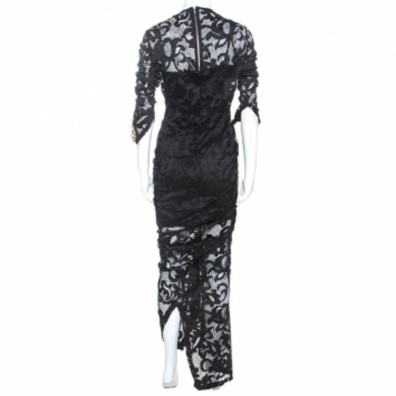 Preen Black Stretch Lace Embellished Detail Ruched Georgia Dress L in vendita 1