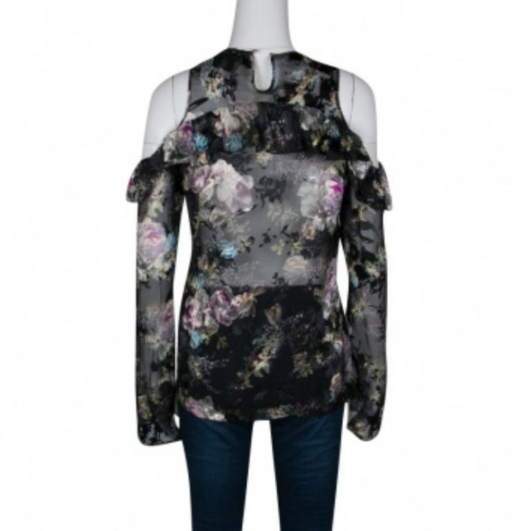 Noir Preen by Thornton Bregazzi haut dévoré à épaules dénudées en mousseline à imprimé floral S en vente