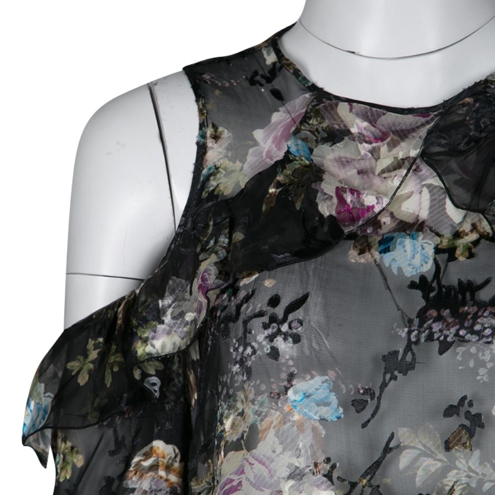 Black Preen By Thornton Bregazzi Floral Print Devore Chiffon Cold Shoulder Alva Top S