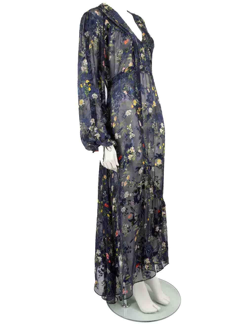 CONDITION is Very good. Hardly any visible wear to dress is evident on this used Preen By Thornton Bregazzi designer resale item.
 
 Details
 Multicolour- Navy tone
 Viscose
 Maxi dress
 Floral print pattern
 Sheer
 V neckline
 Tie strap on