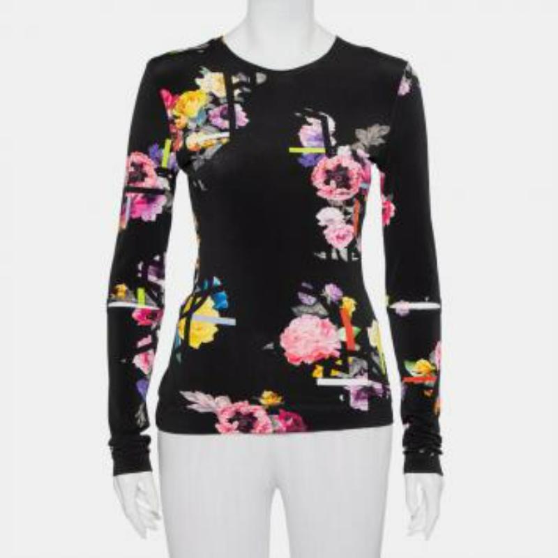 Preen by Thornton Bregazzi Floral Printed Jersey Cutout Sleeve Detail Top M For Sale 2