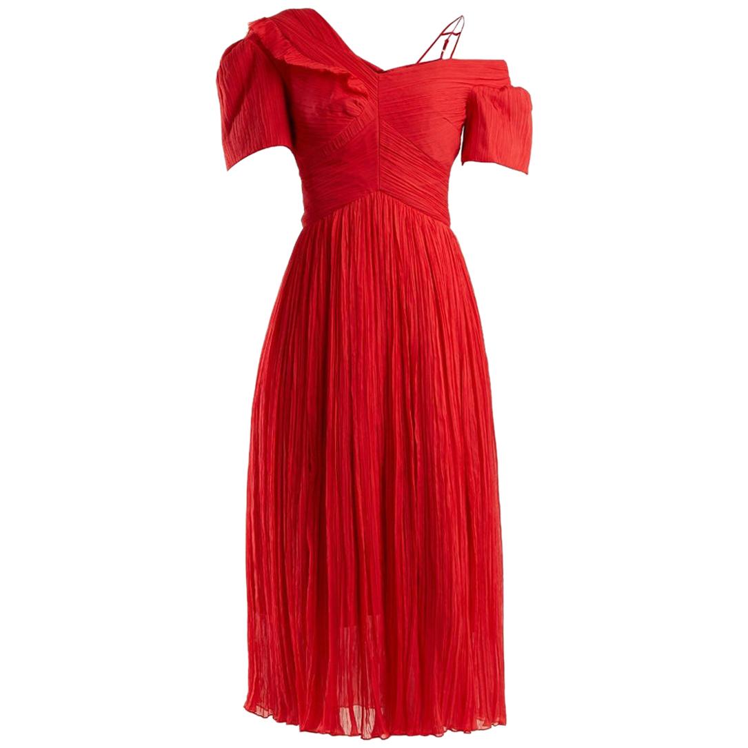 Preen by Thornton Bregazzi Red Cyra silk dress

- Asymmetric off-the-shoulder design with short sleeves
- fitted waist
- shoulder straps
- concealed zip fastener at the back
- pleated mid-length skirt

Materials 
100% Silk 
Lining 
100% Cotton 

Dry