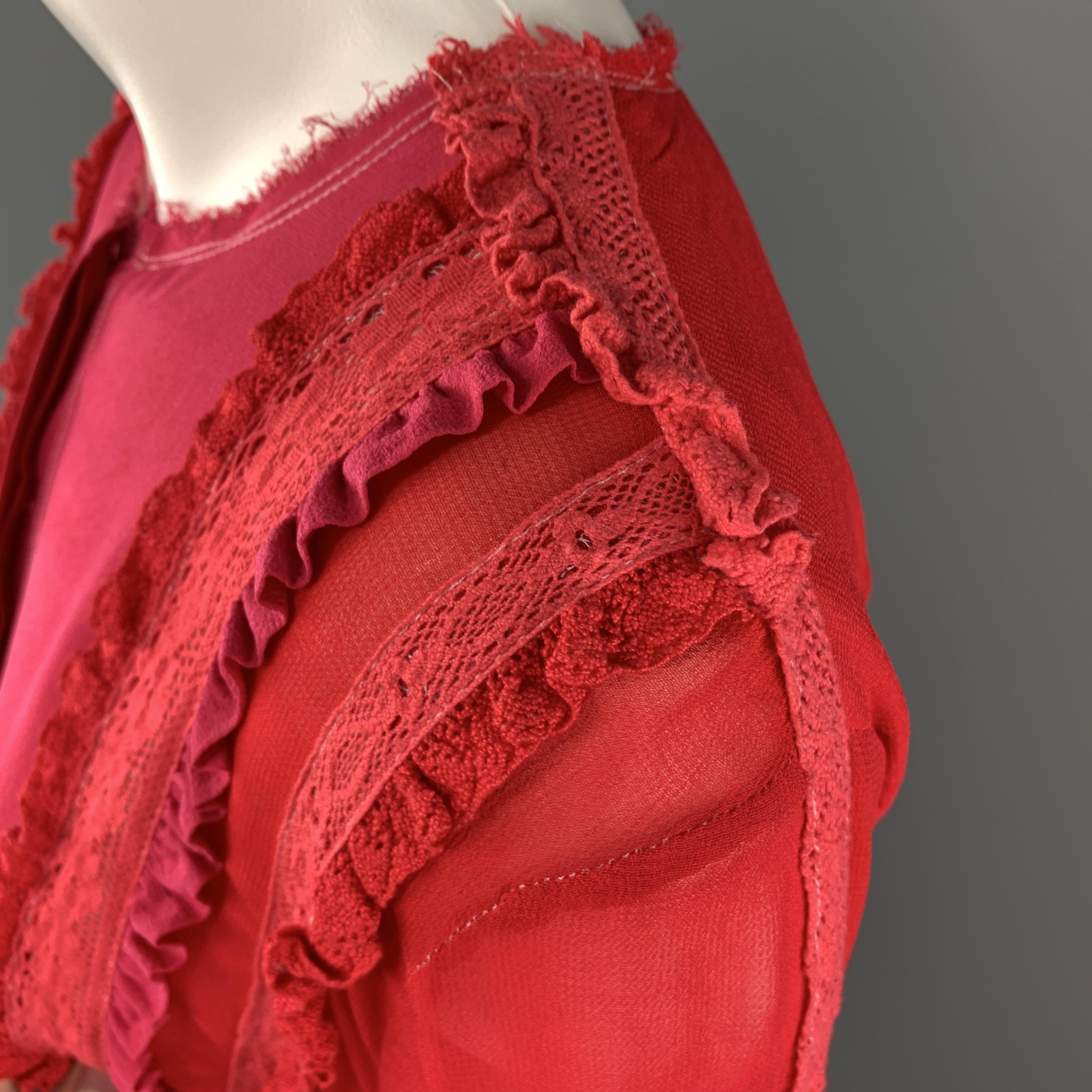 PREEN LINE Size S Red & Fuchsia Silk / Viscose Blend Ruffle Blouse In Excellent Condition For Sale In San Francisco, CA