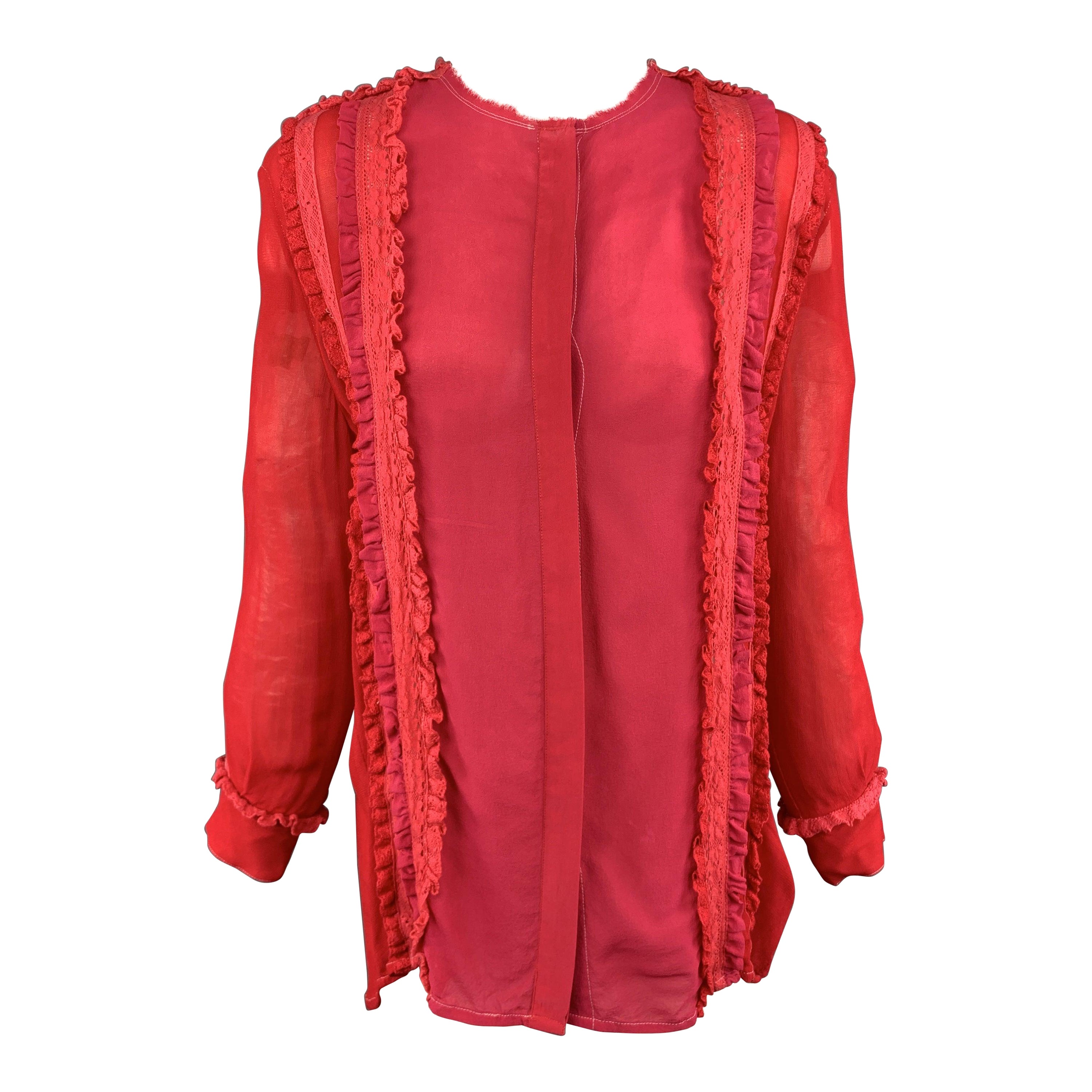 PREEN LINE Size S Red & Fuchsia Silk / Viscose Blend Ruffle Blouse