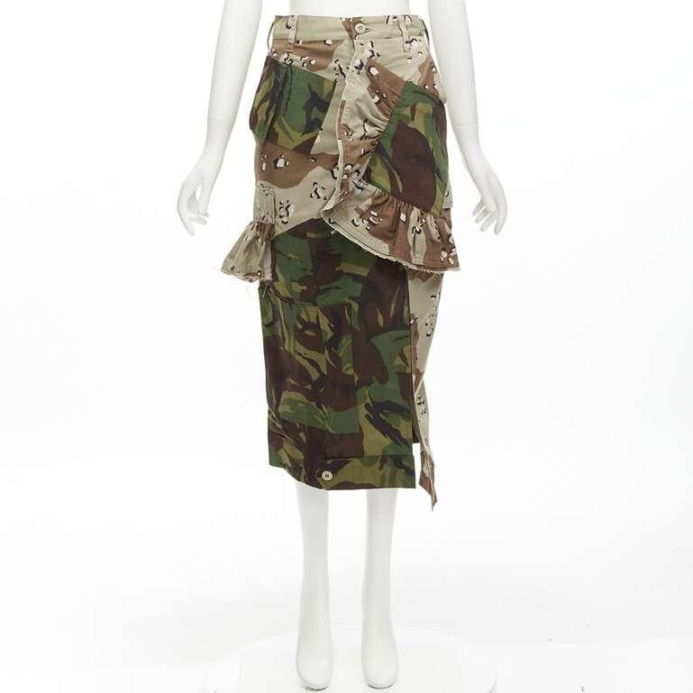 PREEN mixed green khaki camo patchwork ruffled deconstructed cargo skirt XS For Sale 7