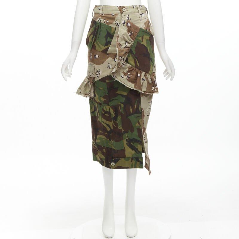PREEN mixed green khaki camo patchwork ruffled deconstructed cargo skirt XS For Sale 6