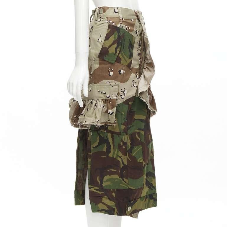 PREEN mixed green khaki camo patchwork ruffled deconstructed cargo skirt XS In Excellent Condition For Sale In Hong Kong, NT