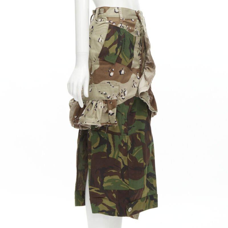 Beige PREEN mixed green khaki camo patchwork ruffled deconstructed cargo skirt XS For Sale