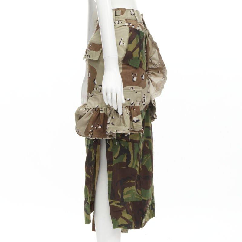 PREEN mixed green khaki camo patchwork ruffled deconstructed cargo skirt XS In Excellent Condition For Sale In Hong Kong, NT