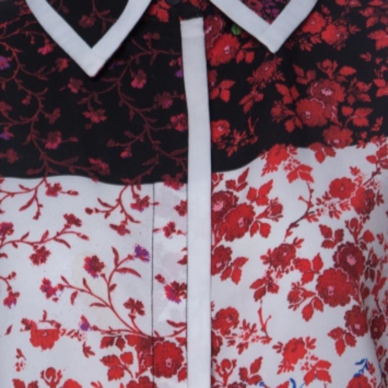 Nero Preen Red Floral Print Crepe Button Down Shirt L in vendita
