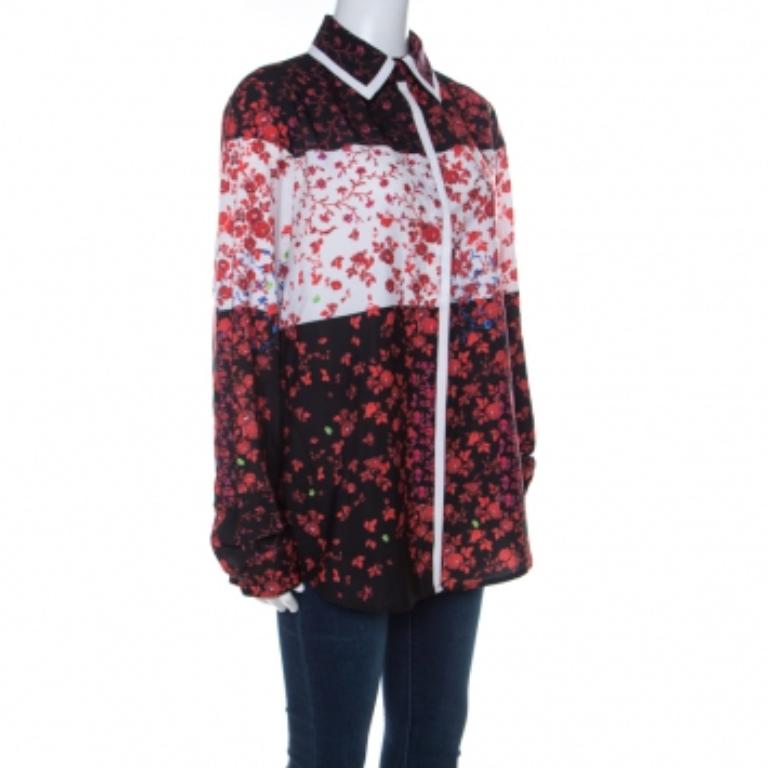 Women's Preen Red Floral Print Crepe Button Down Shirt L For Sale