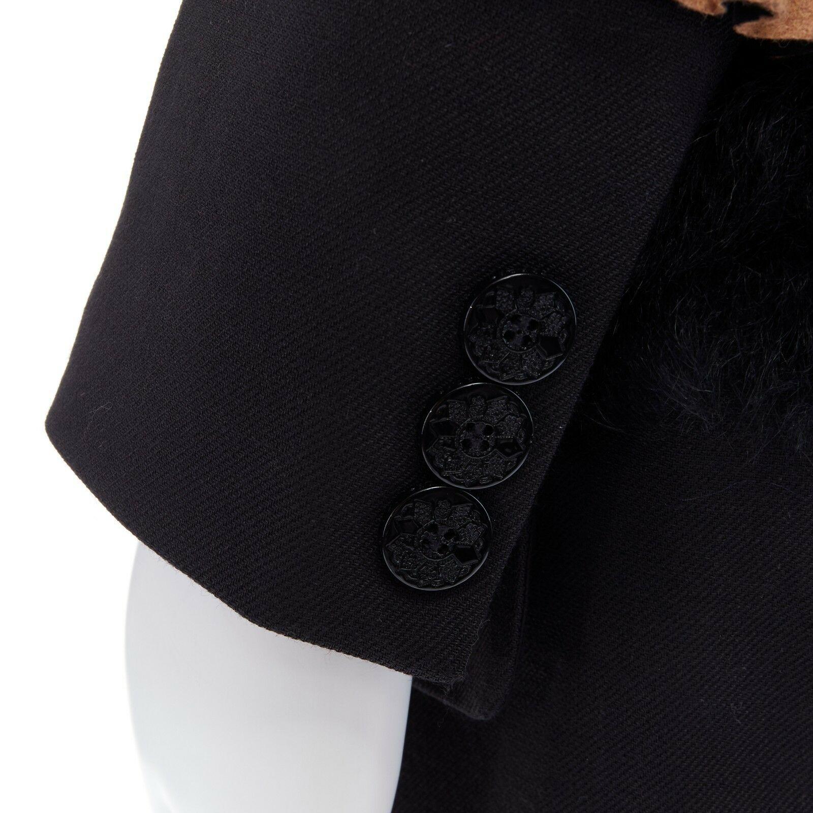 PREEN THORNTON BREGAZZI black fur front ruffle cuff flap pocket wool coat S 6