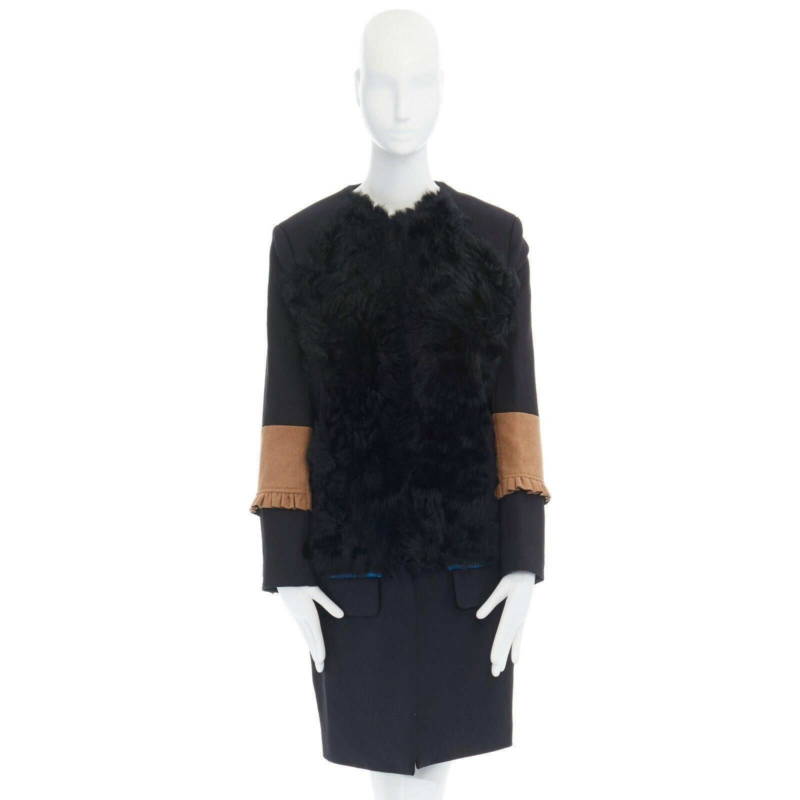 Black PREEN THORNTON BREGAZZI black fur front ruffle cuff flap pocket wool coat S