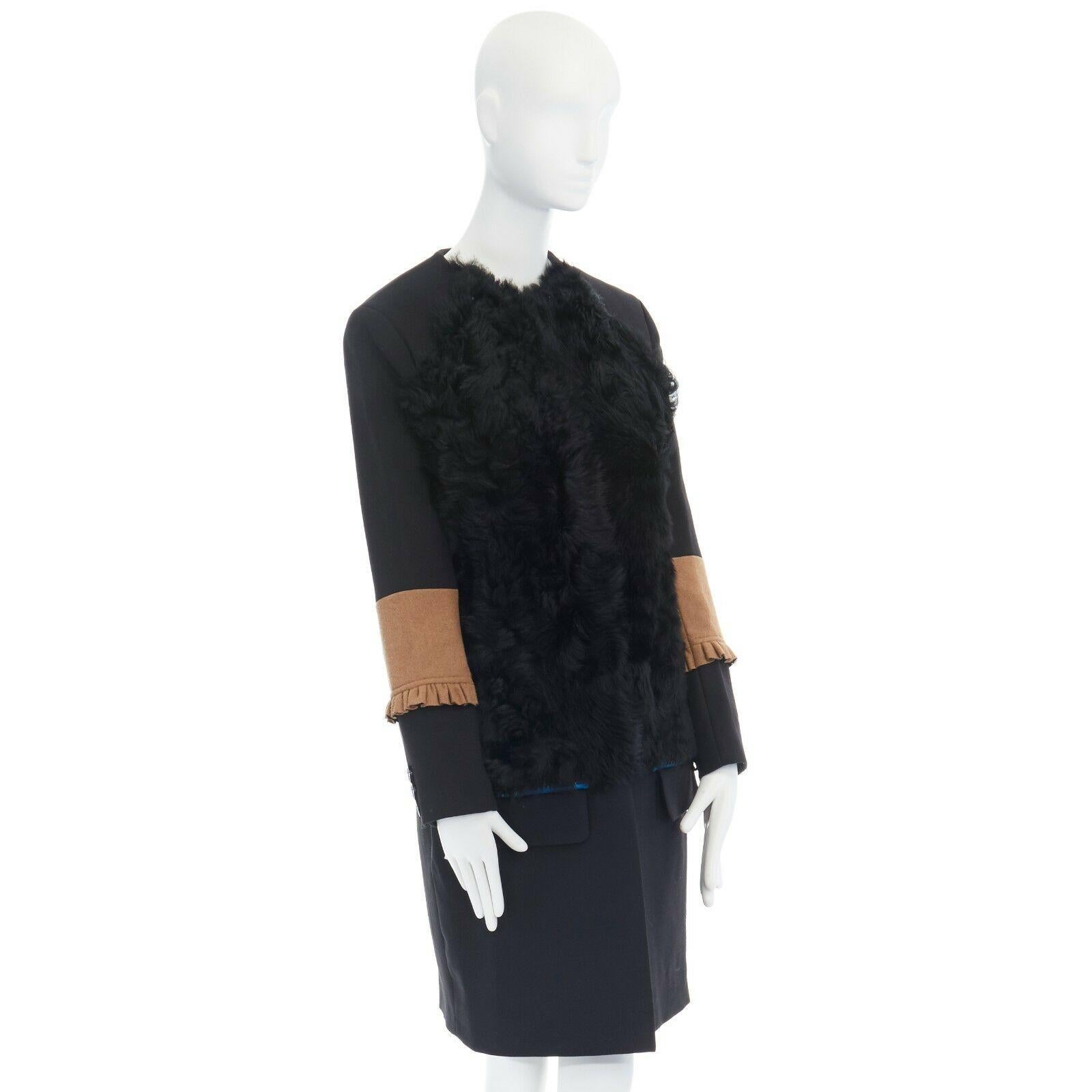 Women's PREEN THORNTON BREGAZZI black fur front ruffle cuff flap pocket wool coat S