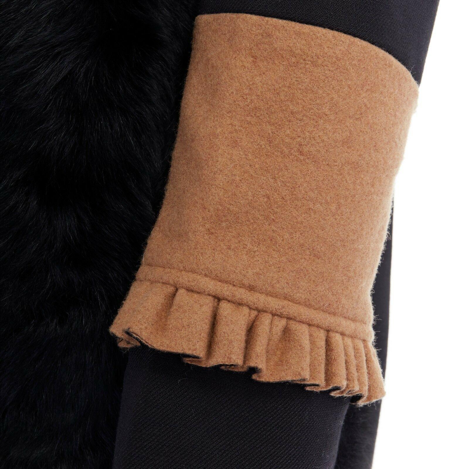 PREEN THORNTON BREGAZZI black fur front ruffle cuff flap pocket wool coat S 5