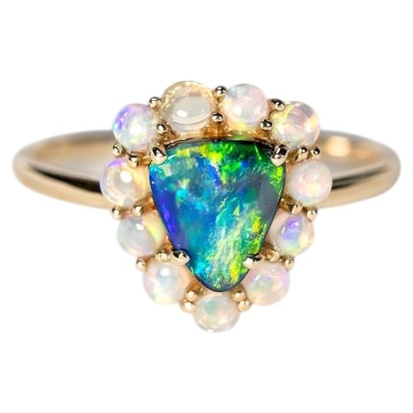 Preety Boulder Opal Blossom Ring with Crystal Opal Halo 14K Yellow Gold