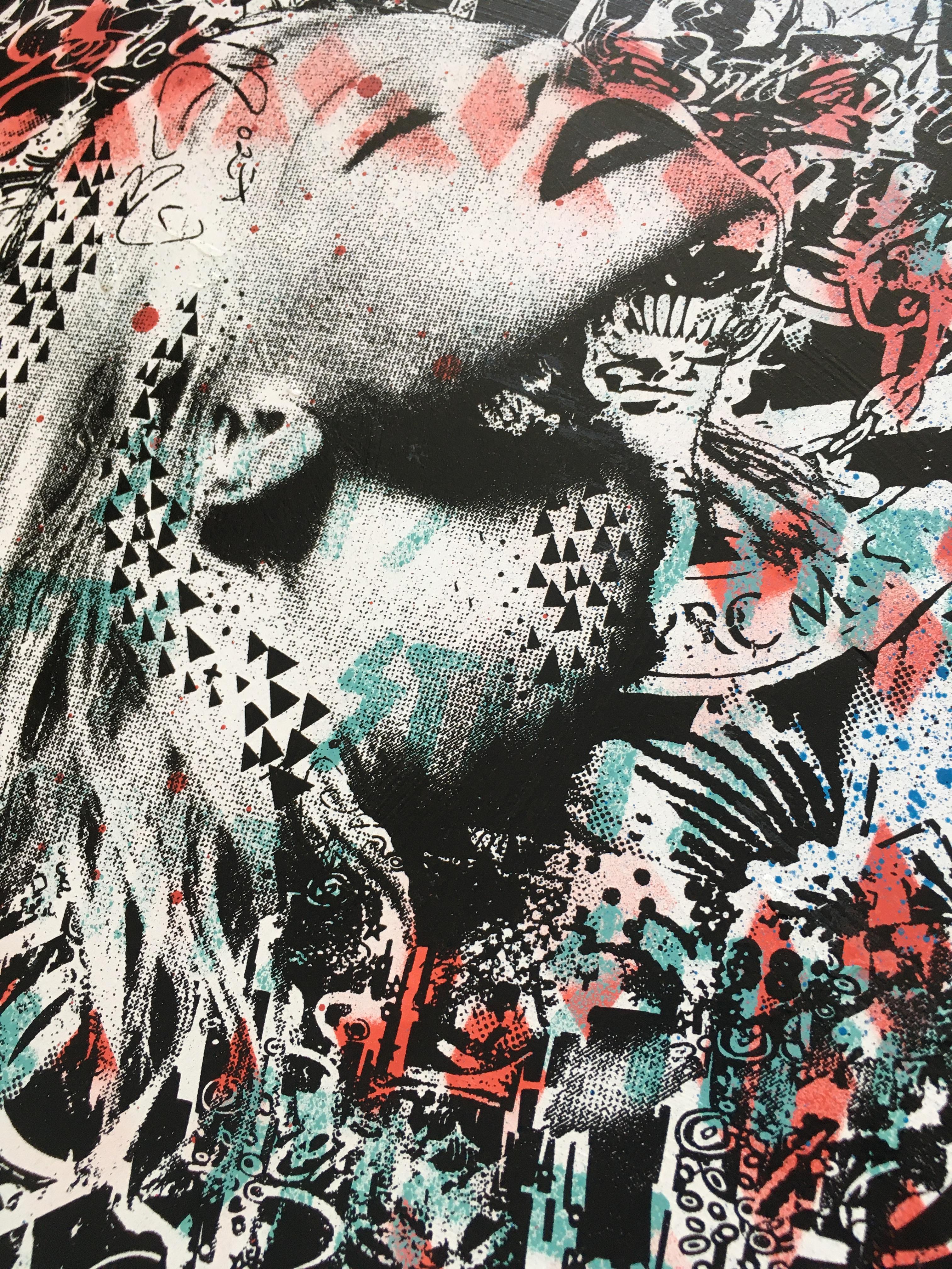 Countdown To Violence, Spray Paint Stencil and Screen Print, Limited Edition - Gray Figurative Print by Prefab77