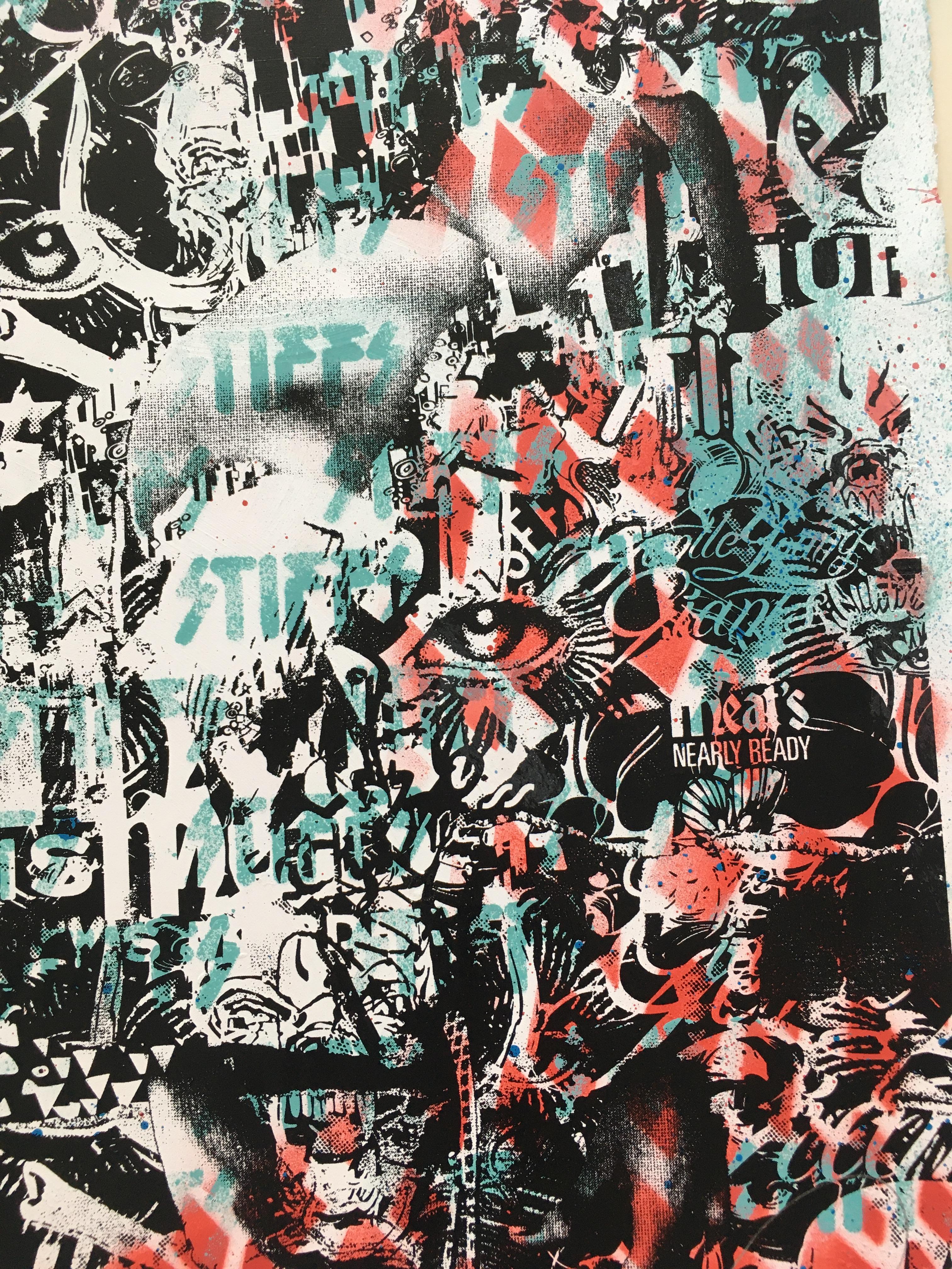 'Countdown To Violence' by Prefab77, 2012
Size 60 x 90 cm
Limited Edition of 10 (#4/10)
5 layer spraypaint stencils & 1 layer gloss black screenprint, on hand painted, hand-deckled Fabriano Rosapina 250gm paper.
This print is more like an original