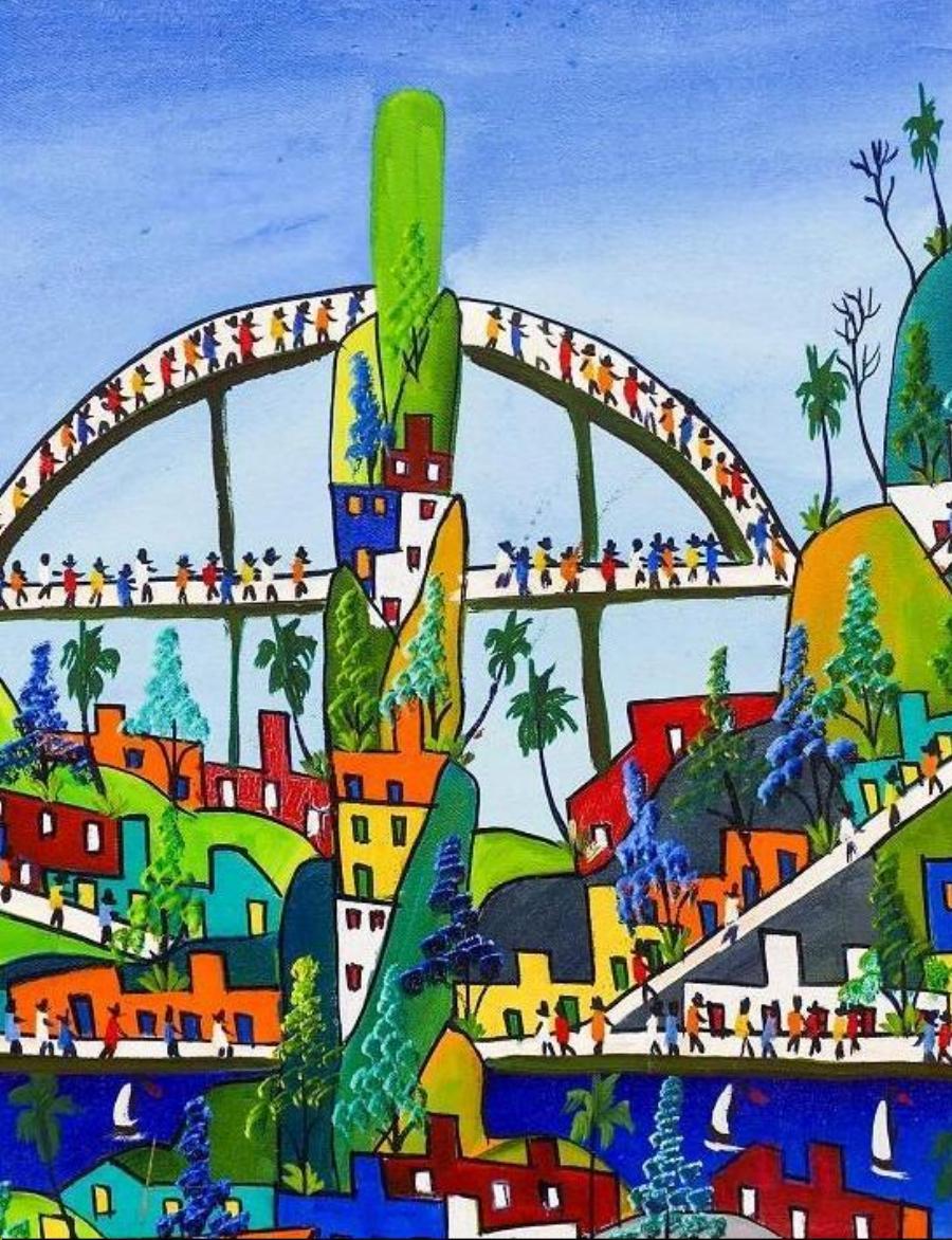 Prefate Duffaut (1923-2012) Pintura de arte popular haitiano. Óleo sobre lienzo, hacia 1960. Firmado abajo a la derecha. 
Medidas: 23 1/2