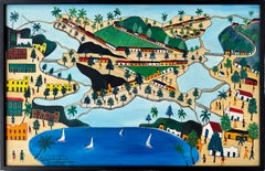 Haitian Surrealism Jacmel Harbor Early Work Oil on Masonsite