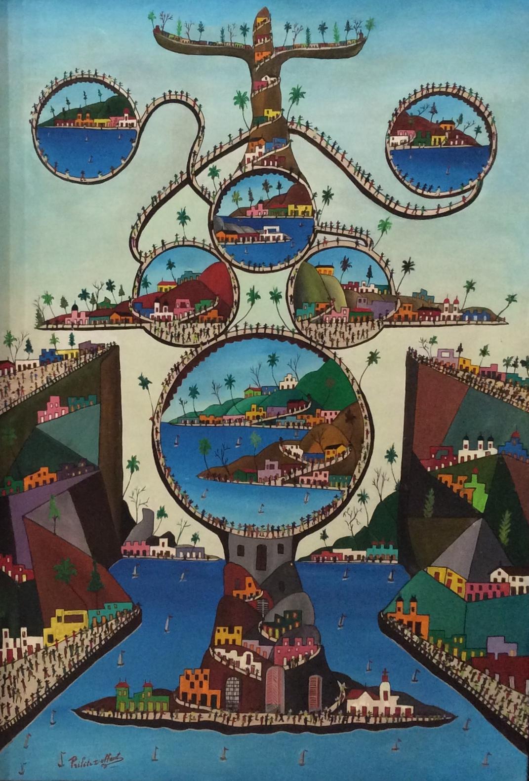 Préfète Duffaut Figurative Painting - Towers of Imaginary Cities- Original Vintage Haitian Oil Painting Framed