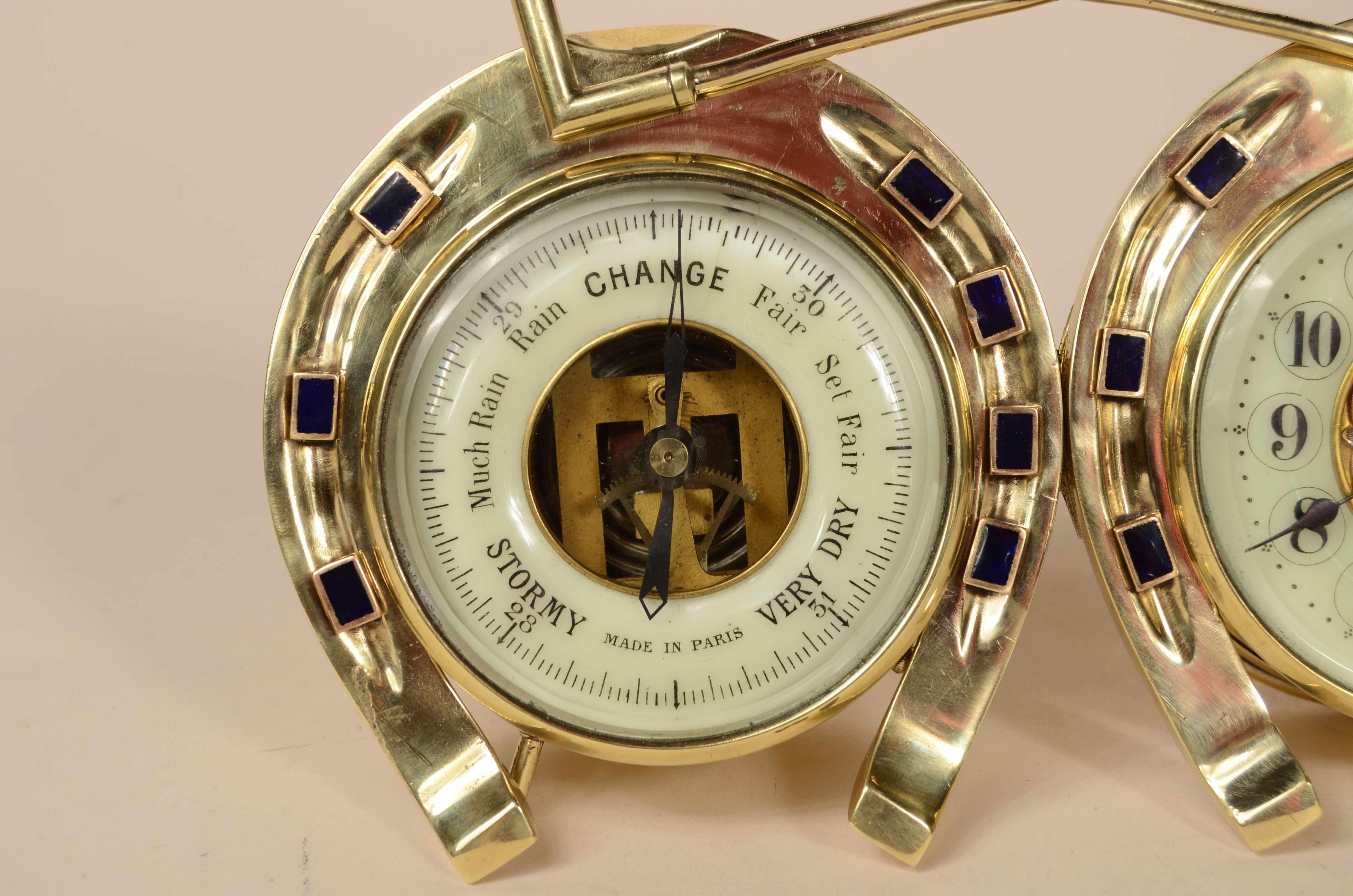 Brass Valuable brass barometer station consisting of clock and barometer 1890 For Sale