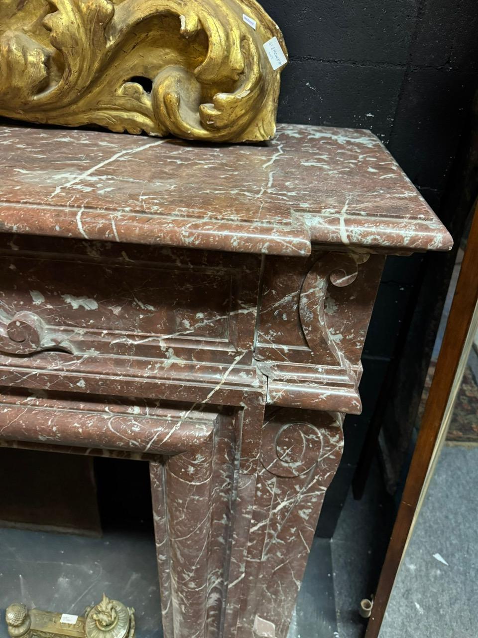 Hand-Carved Fine France Red marble fireplace with white veins, italy For Sale