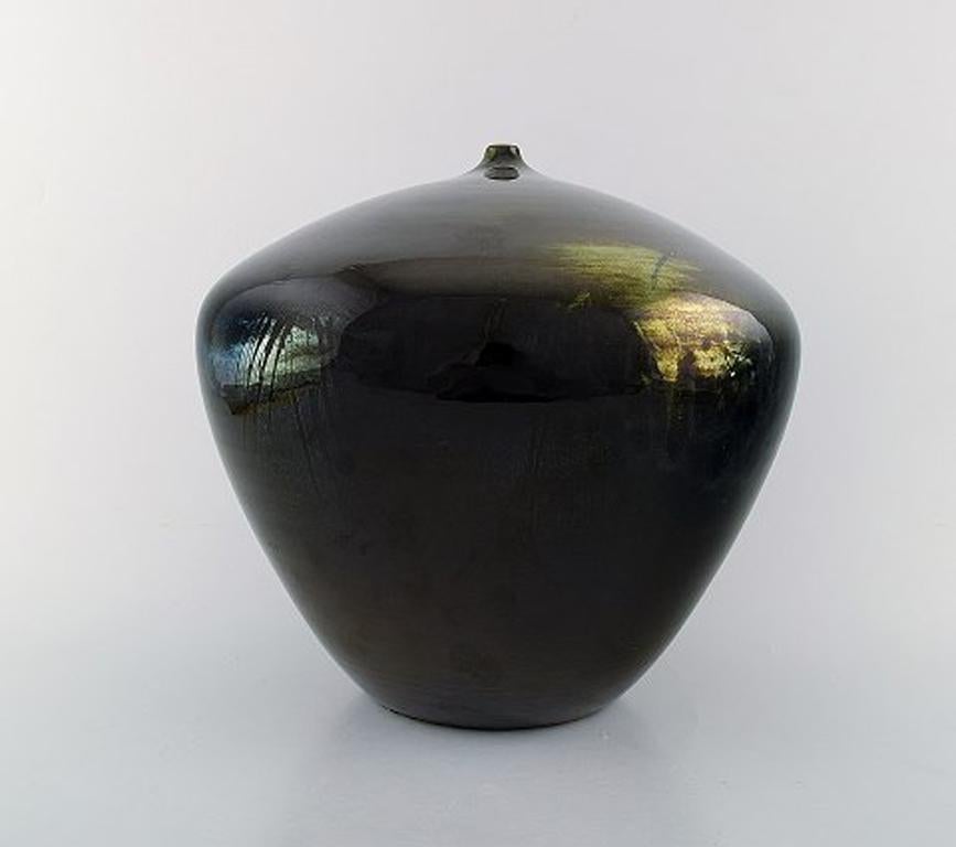 Mid-Century Modern Pregolini Fiorella, Large Italian Ceramic Vase in Metallic Olive Green Glaze