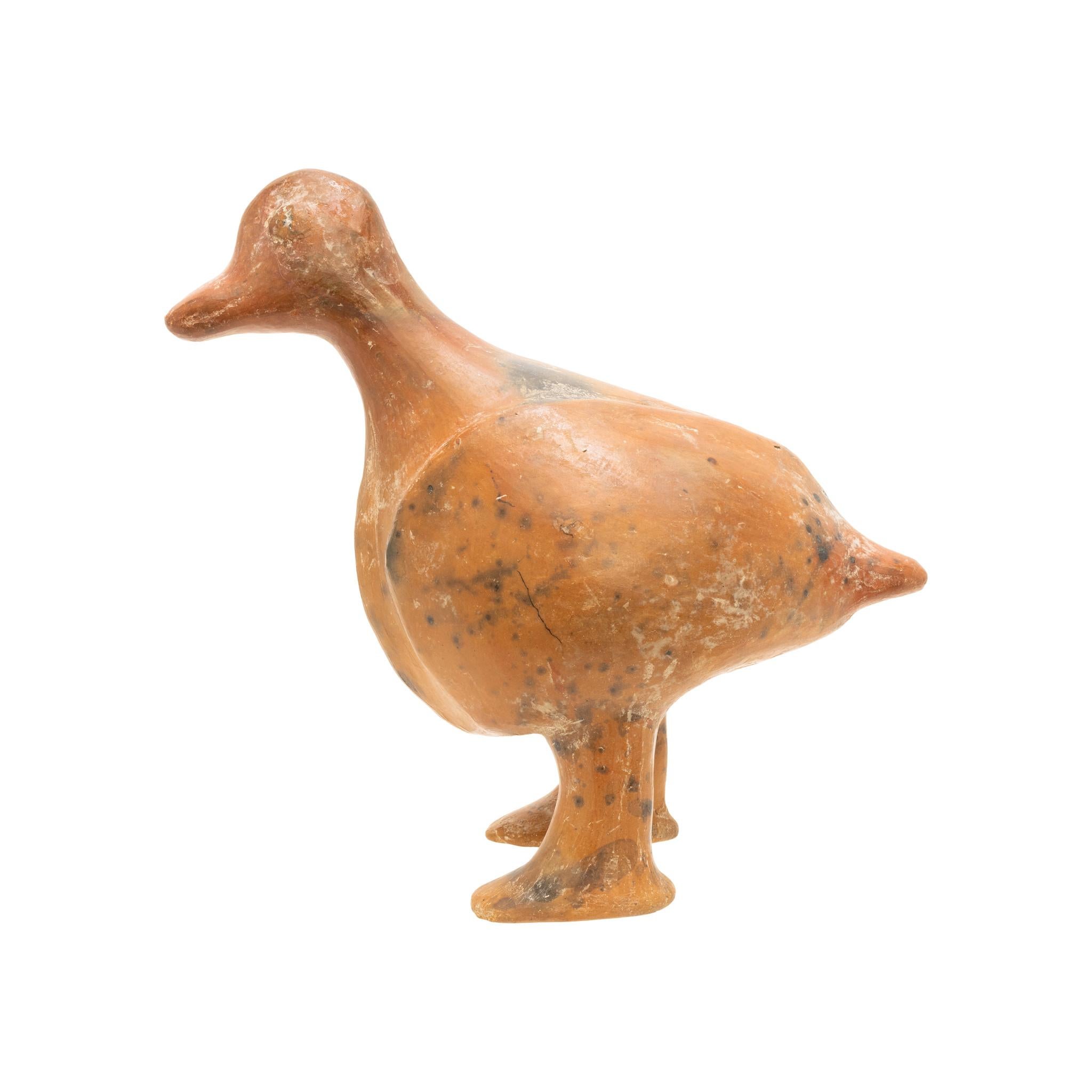 Moche standing duck vessel. Pottery jar in the form of a standing duck, spout emerging from right wing. From the West Mexico Colima culture dating 450-550 CE. 7 ½” x 6” x 7”. Ex. Hank Johnson Collection. Hank Johnson was a geologist, and passionate