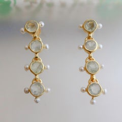 Prehnite and Cultured Pearl Gold Plated Sterling Silver Post Drop Earrings