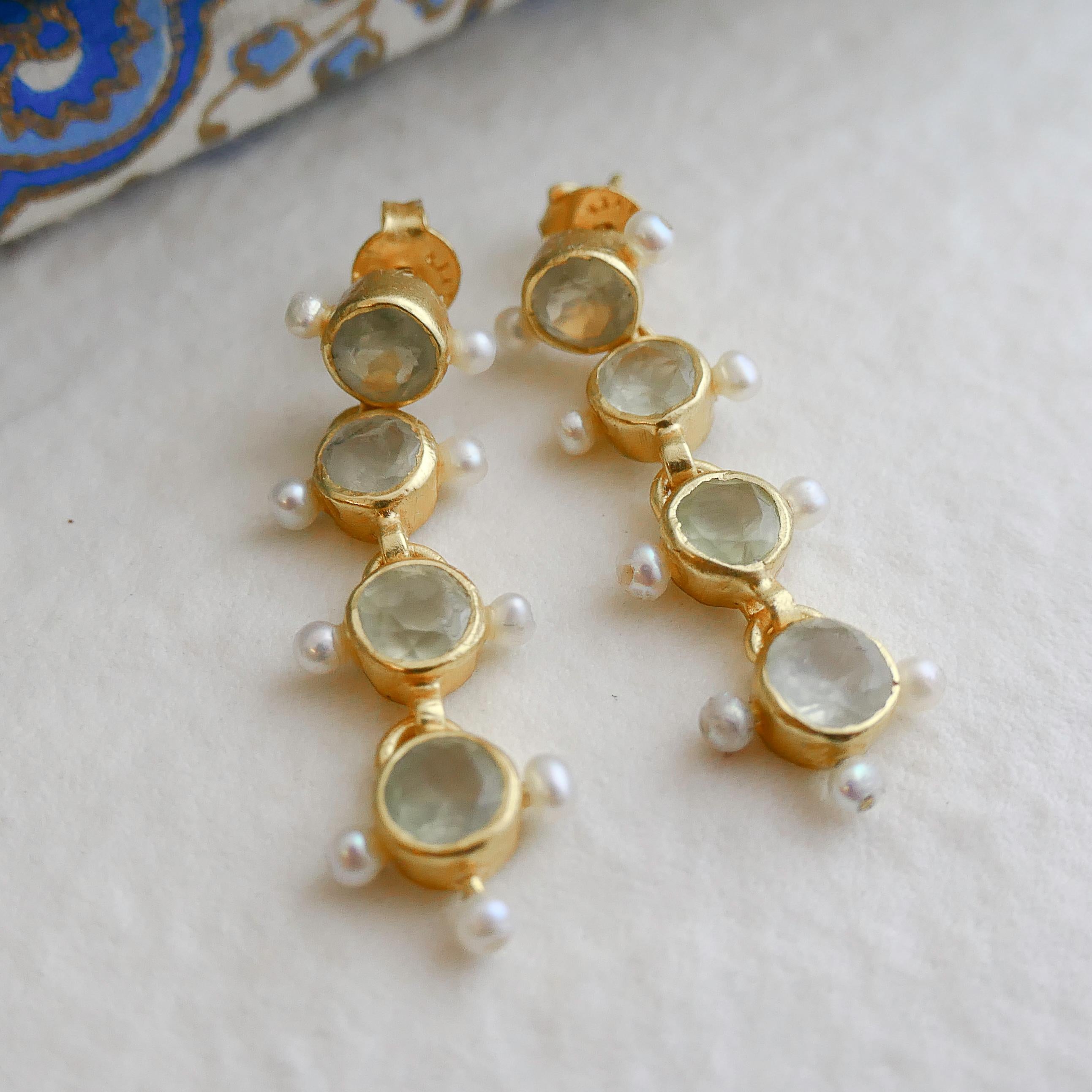 Mixed Cut Prehnite and Cultured Pearl Gold Plated Sterling Silver Post Drop Earrings For Sale