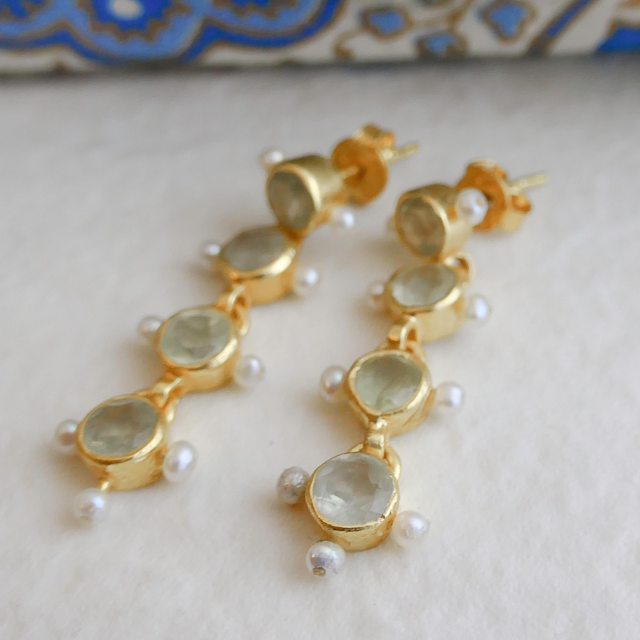 Women's Prehnite and Cultured Pearl Gold Plated Sterling Silver Post Drop Earrings For Sale