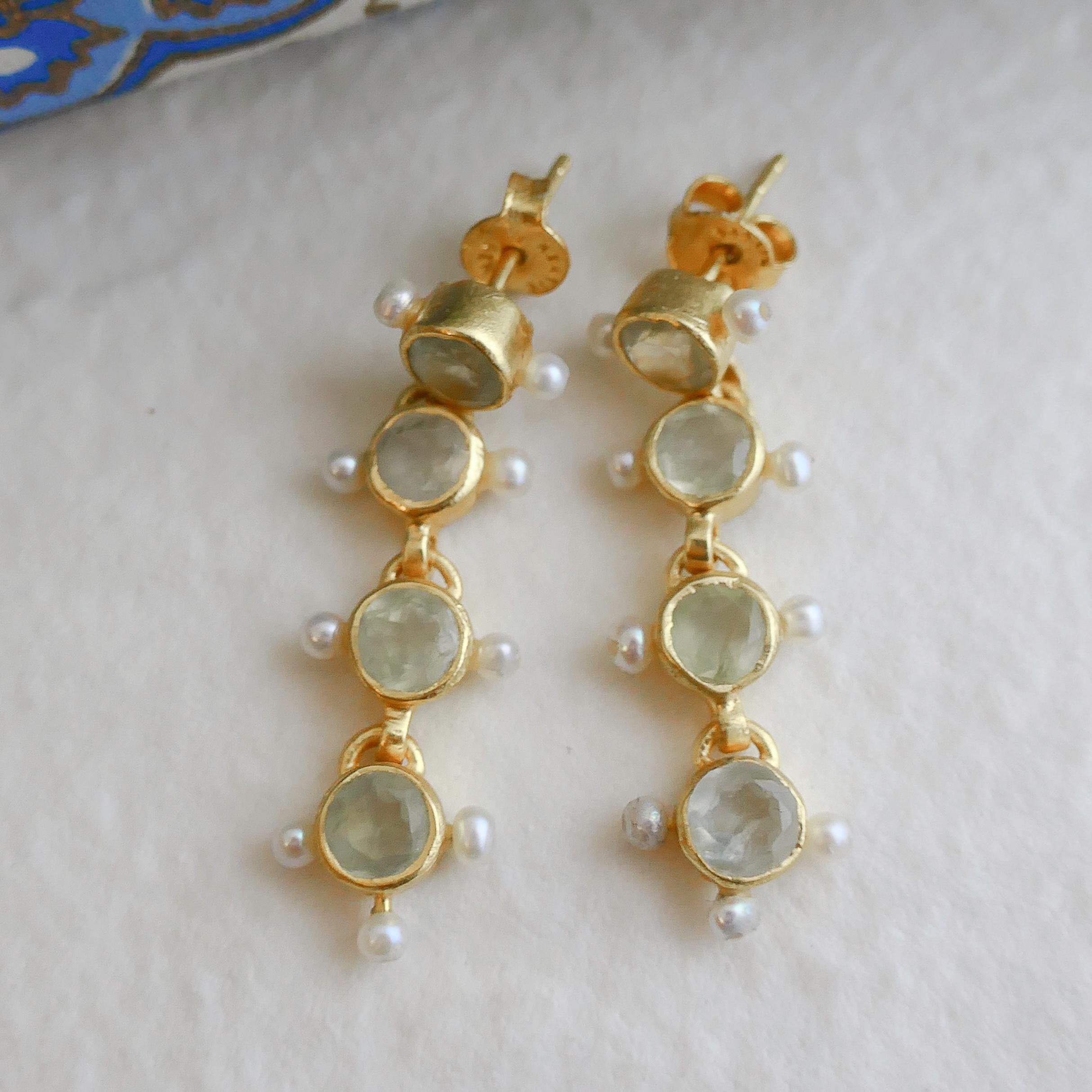 Prehnite and Cultured Pearl Gold Plated Sterling Silver Post Drop Earrings For Sale 1