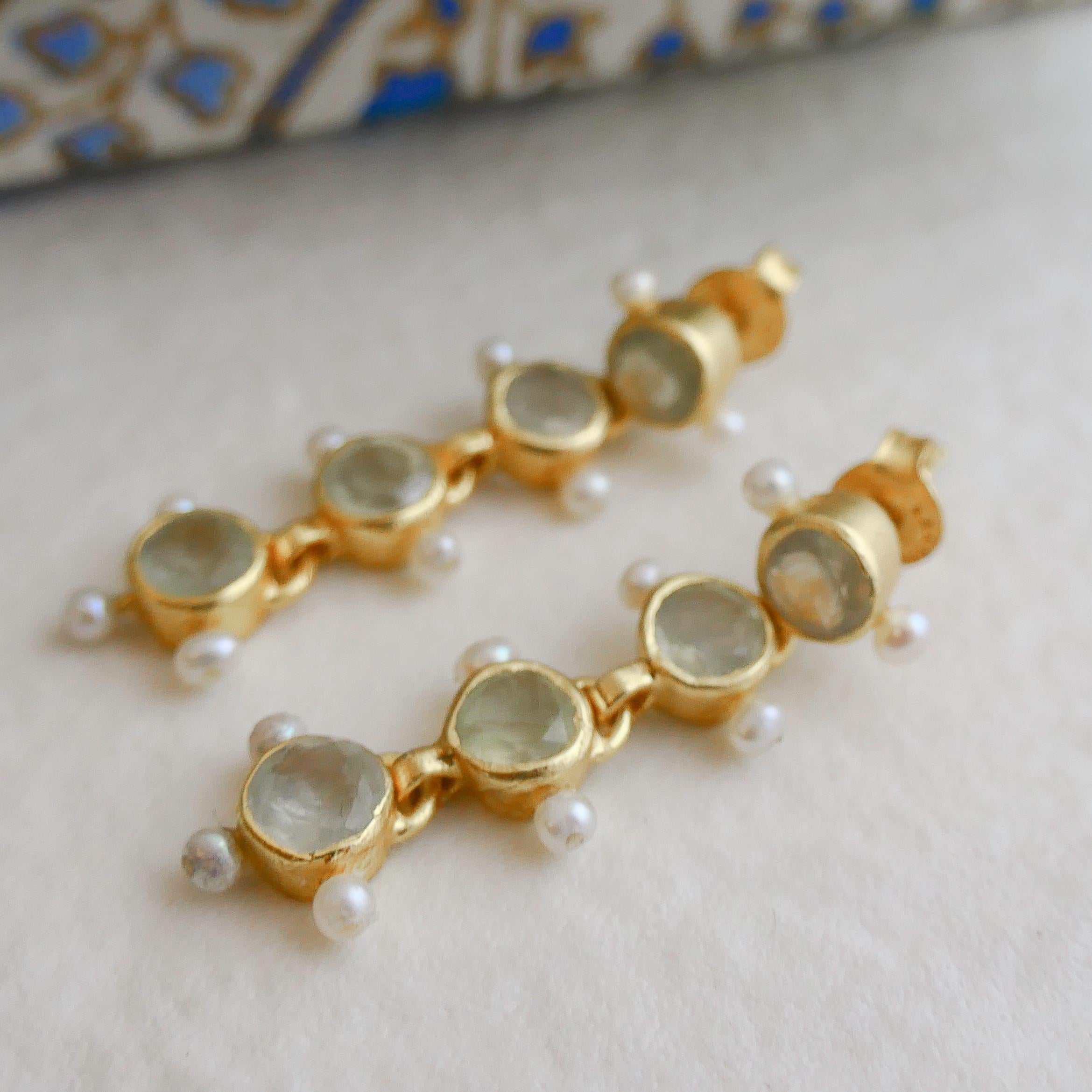 Prehnite and Cultured Pearl Gold Plated Sterling Silver Post Drop Earrings For Sale 2