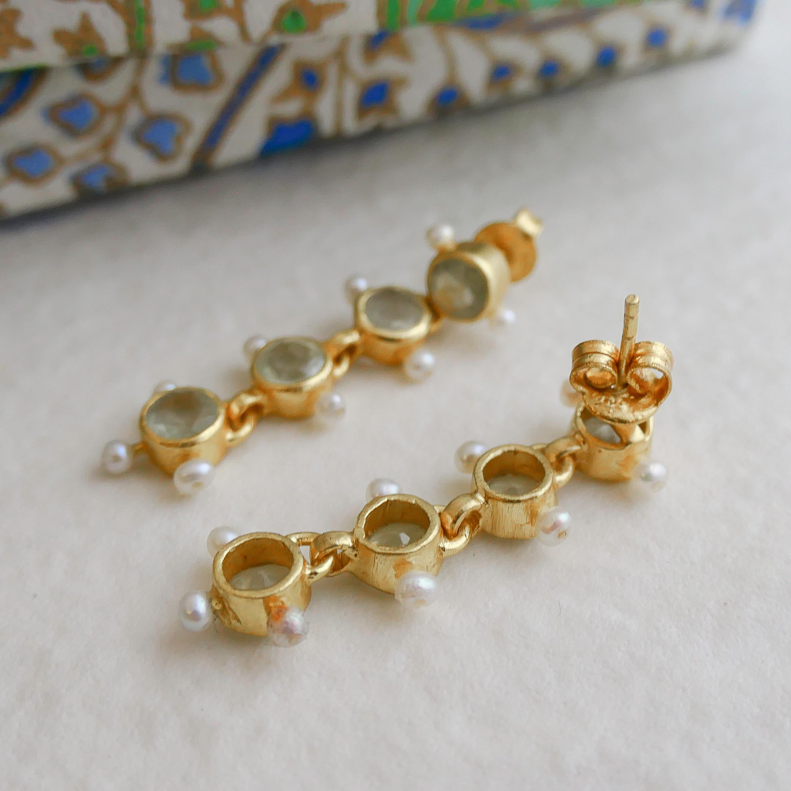 Prehnite and Cultured Pearl Gold Plated Sterling Silver Post Drop Earrings For Sale 3