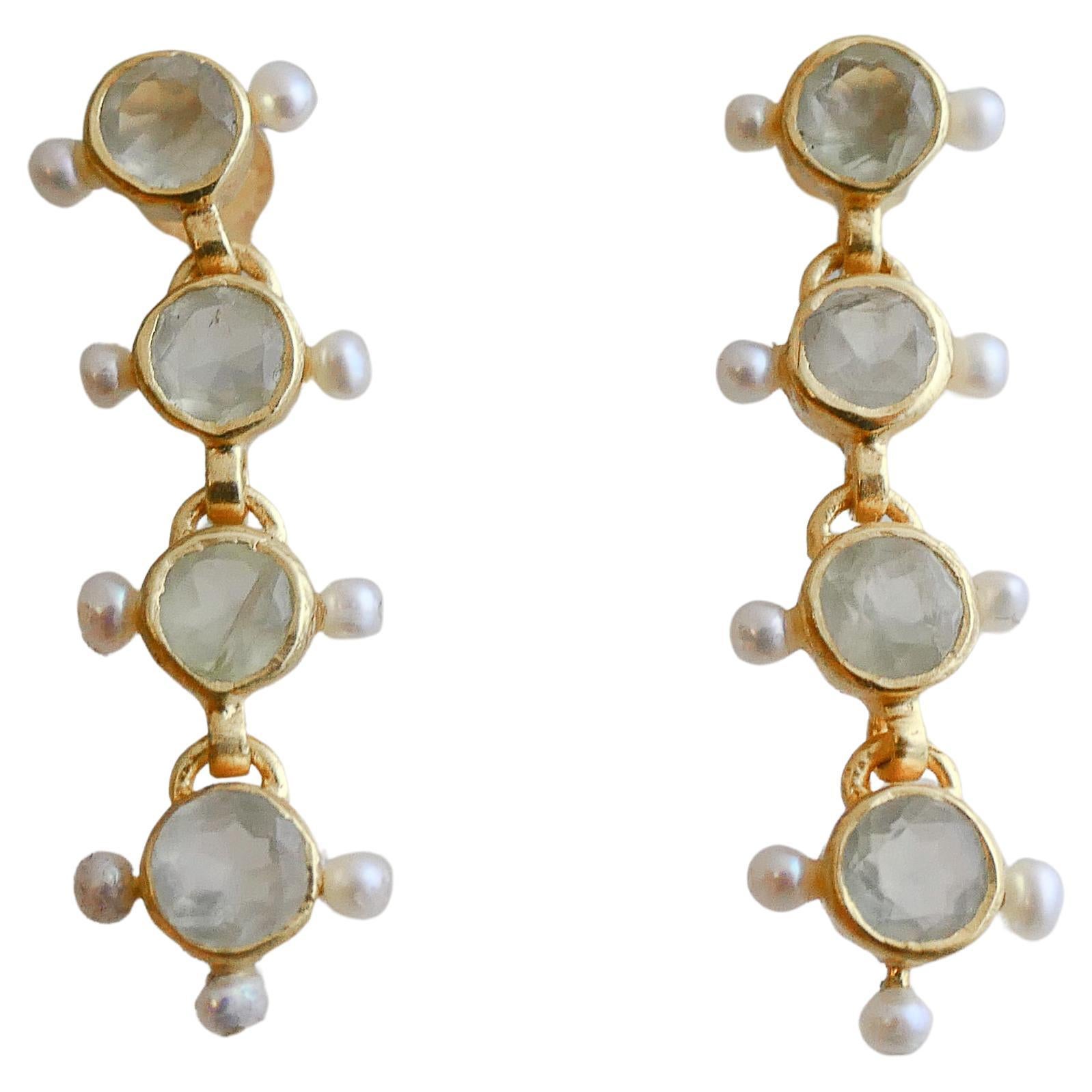 Prehnite and Cultured Pearl Gold Plated Sterling Silver Post Drop Earrings
